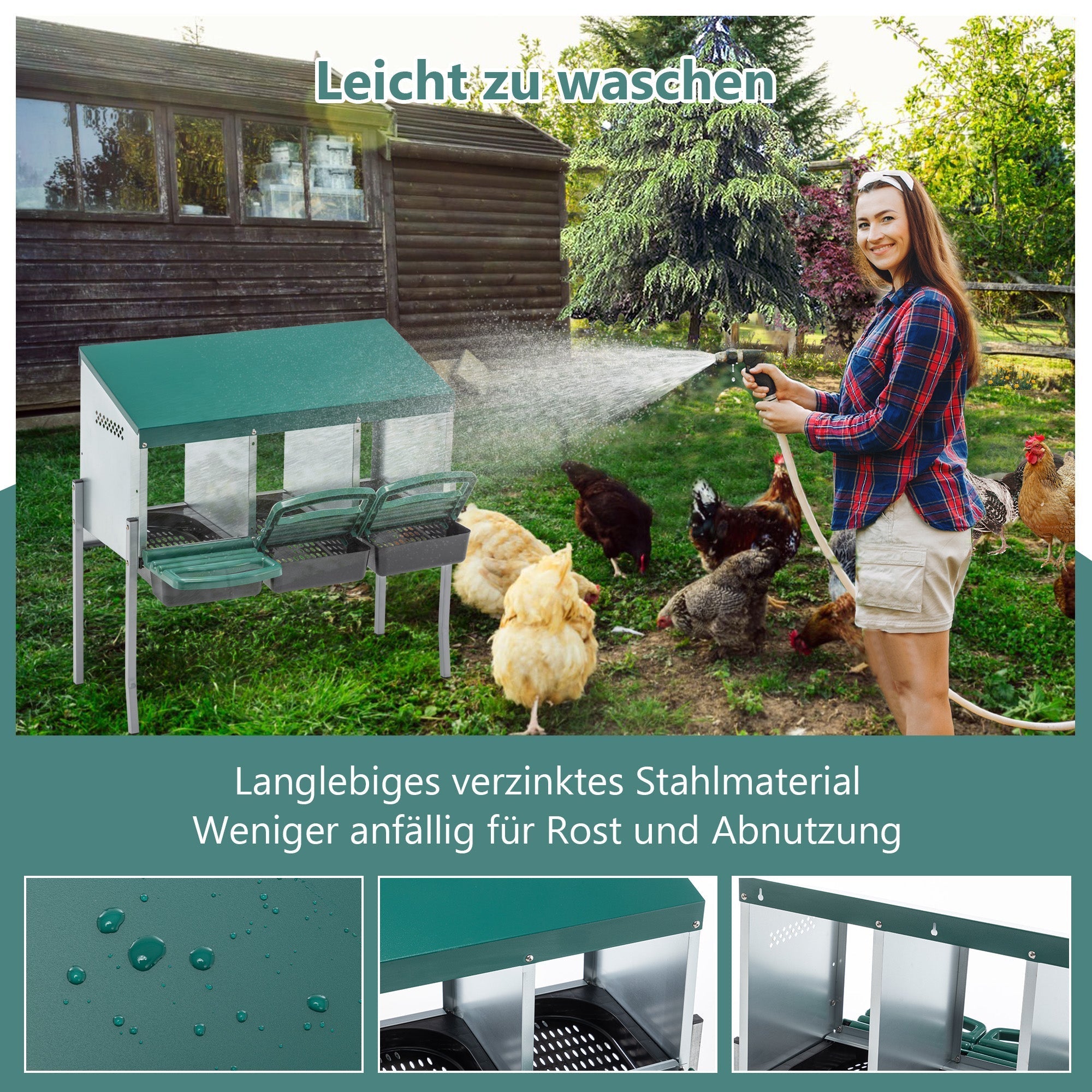 Chicken Nesting Boxes with 3 Holes, Legs and Outdoor Cover, Green
