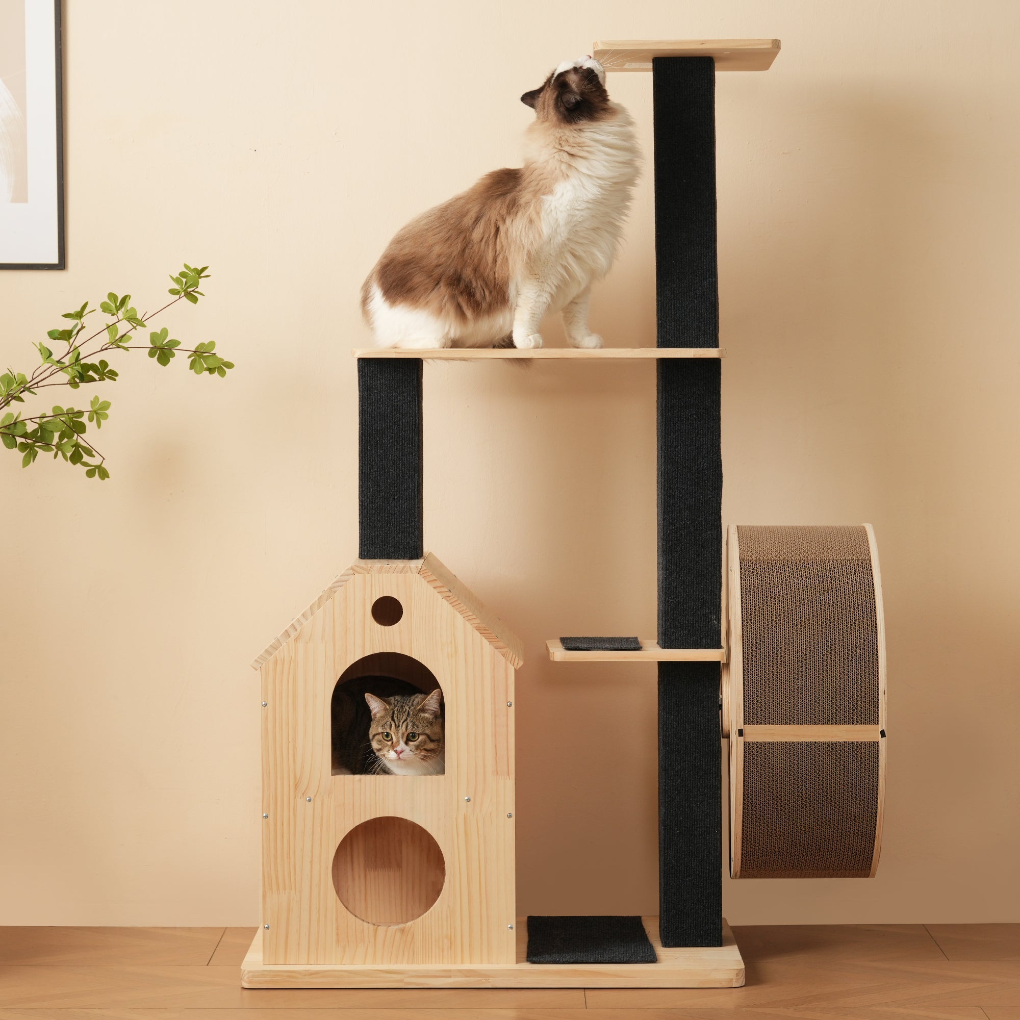 Solid Wood Cat Tree with Exercise Wheel, 4 Platforms, 2 Houses, Sisal Posts, 80×40×152 cm