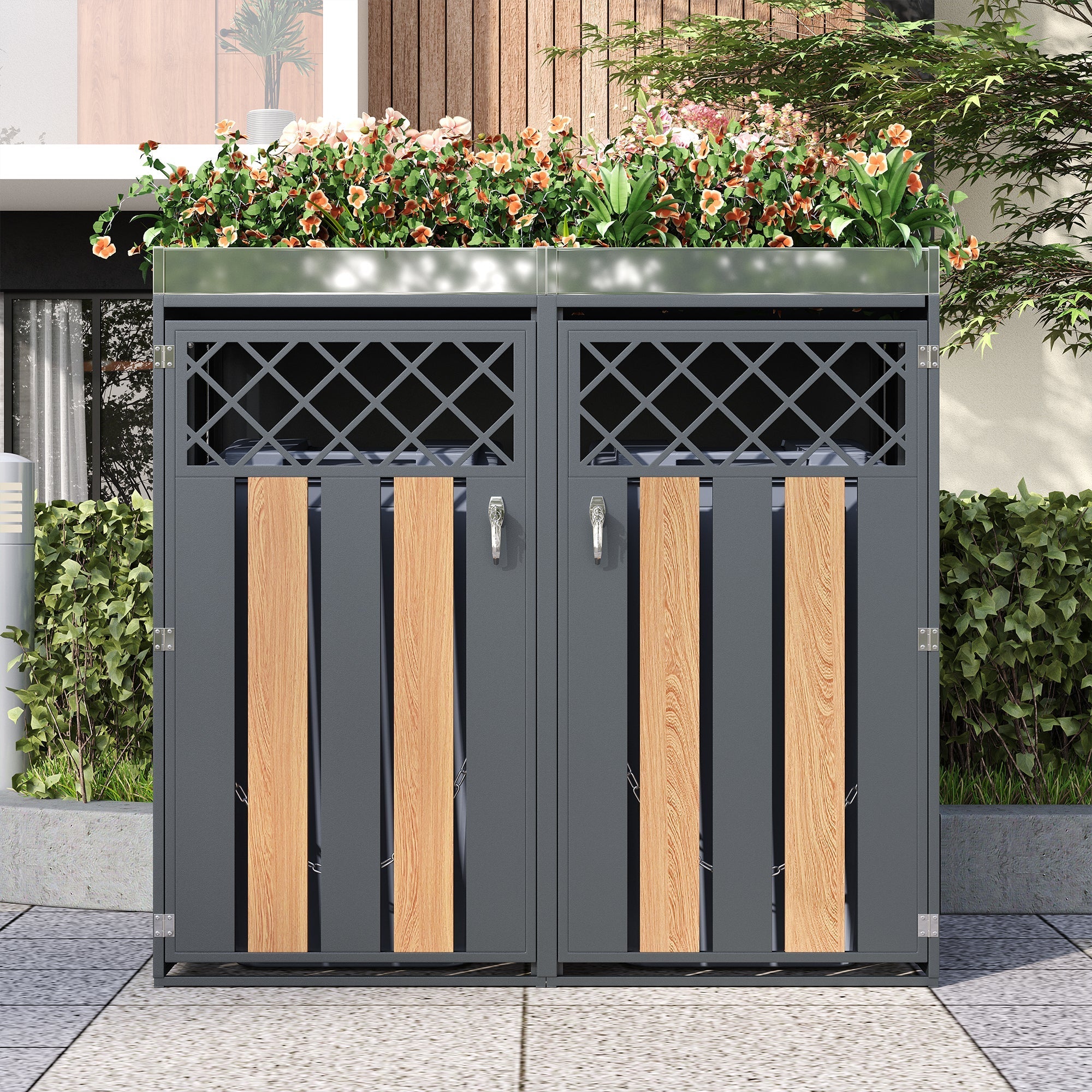 Garbage Can Enclosure with Diamond Ventilation and Planting Area, Lockable 2-Door, Steel
