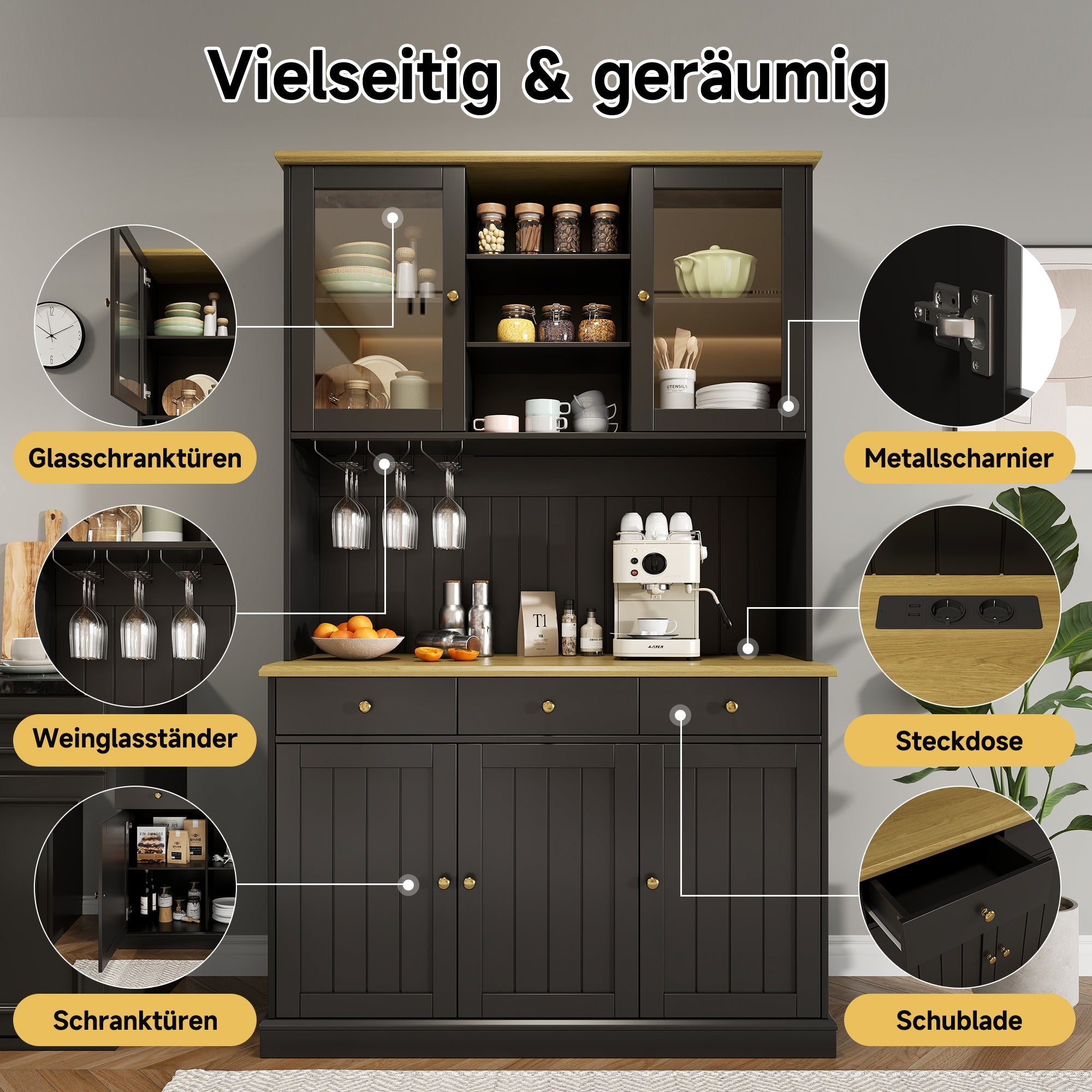 Sideboard Tall Cabinet with Glass Doors, Power Outlets & USB Ports, Black and Gold Handles