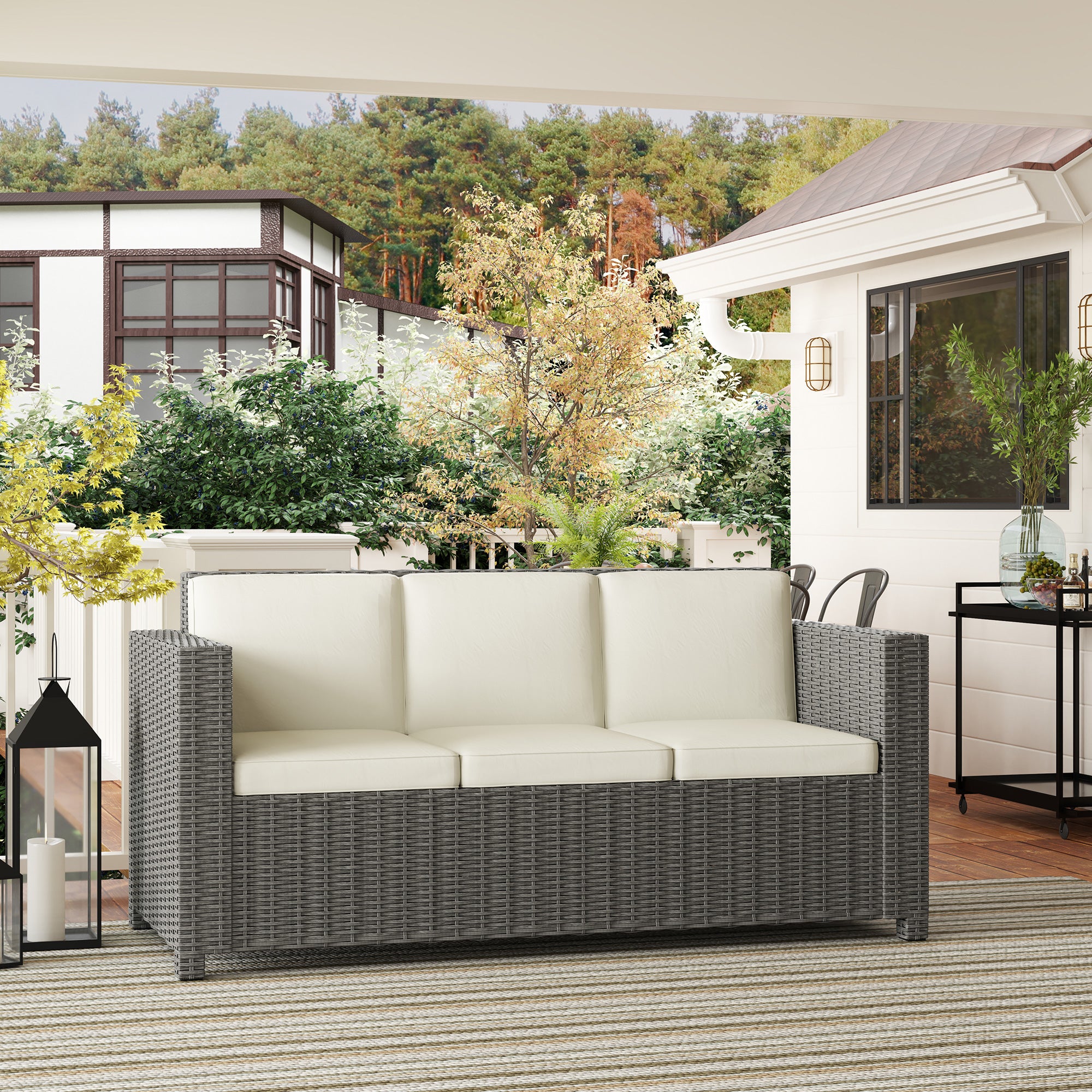 3 Seater Rattan Sofa, All-Weather Wicker Metal Frame with Fire Resistant Cushion, Cream