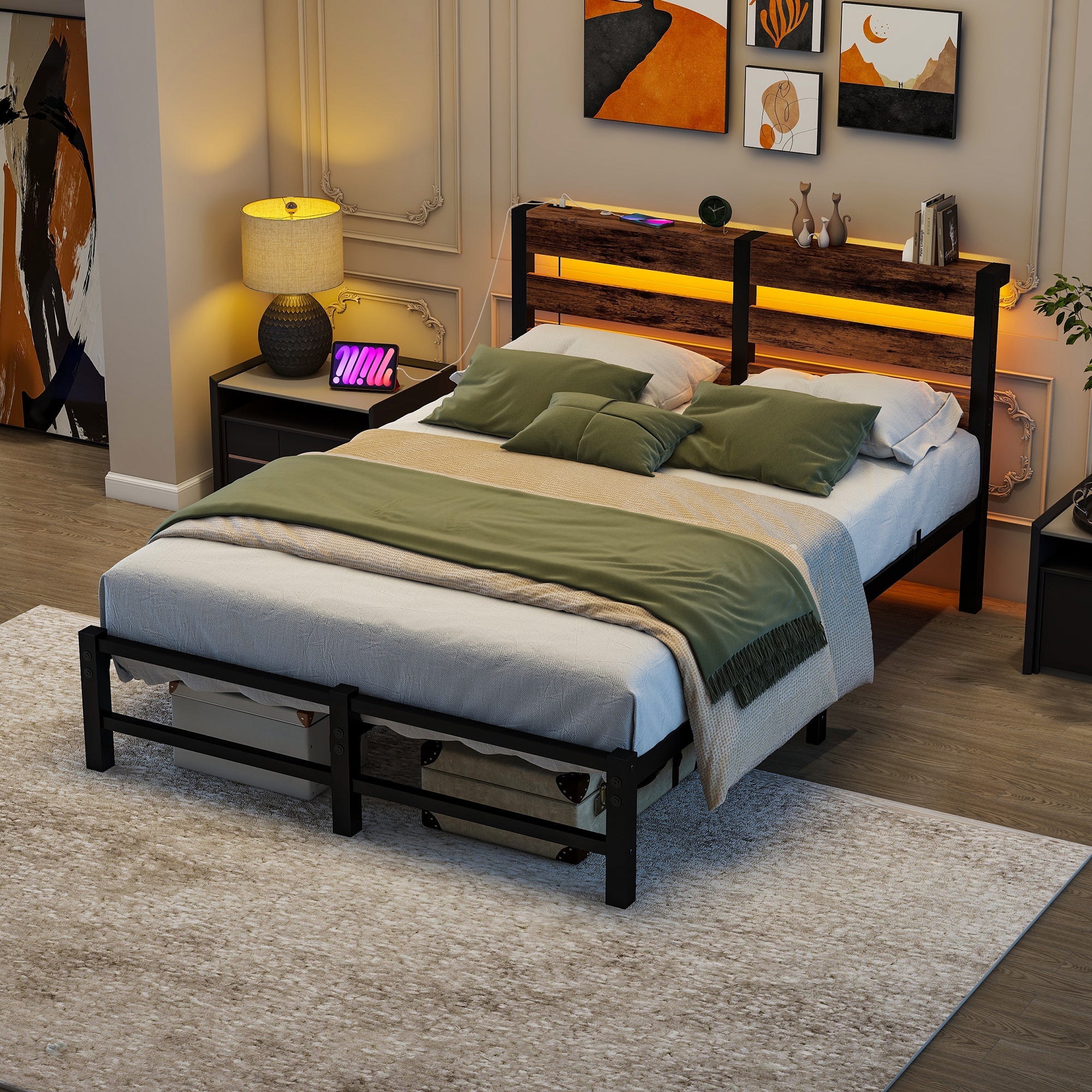 Metal Bed 120x200cm LED USB Storage - Metal