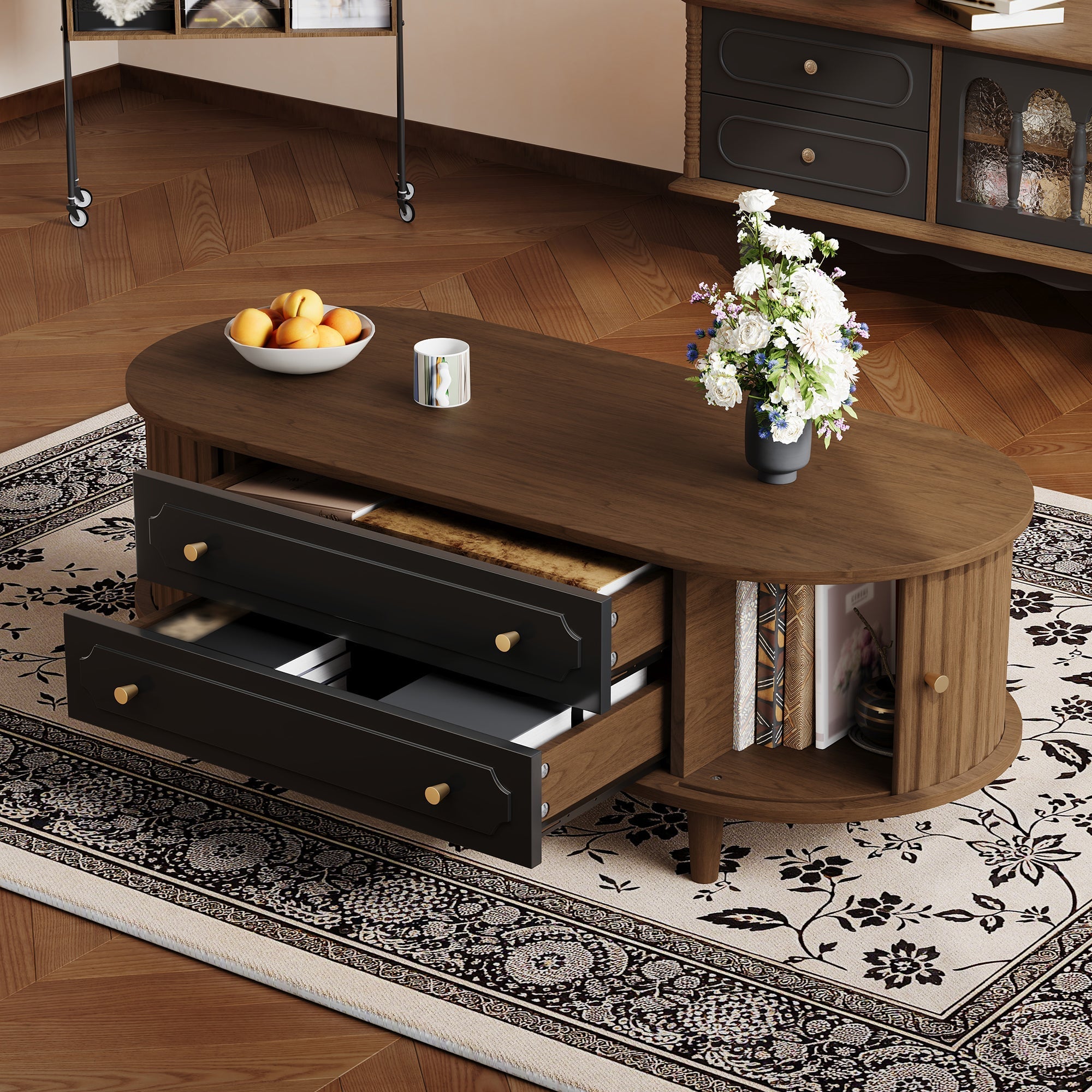 Coffee Table with 2 Drawers and Roll-up Doors, Walnut and Black