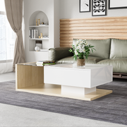 Coffee Table, High-Gloss White & Wood with Glass and LED Effect