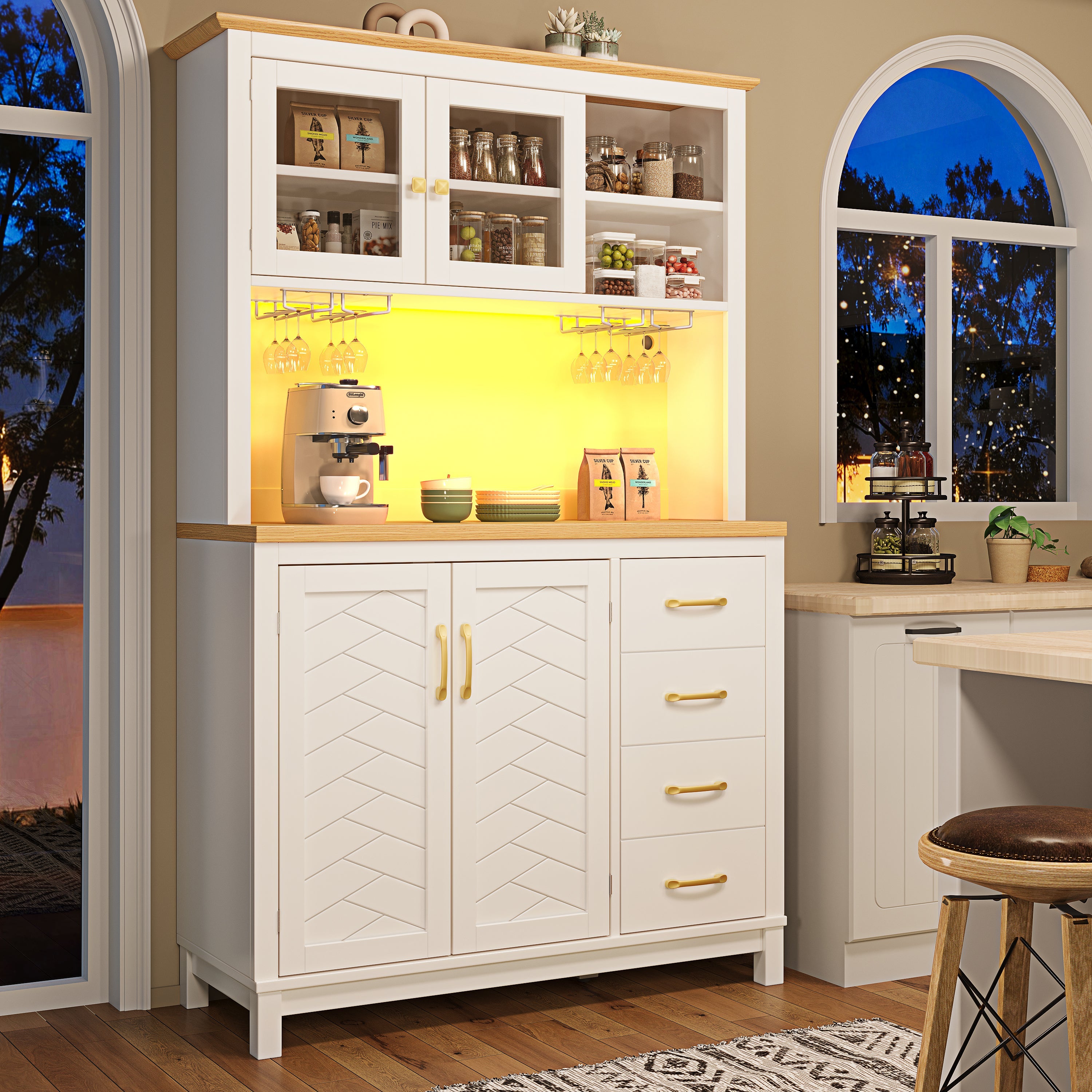 Sideboard Kitchen Cabinet with LED Light Strip and Drink Holders, Green/Black/White