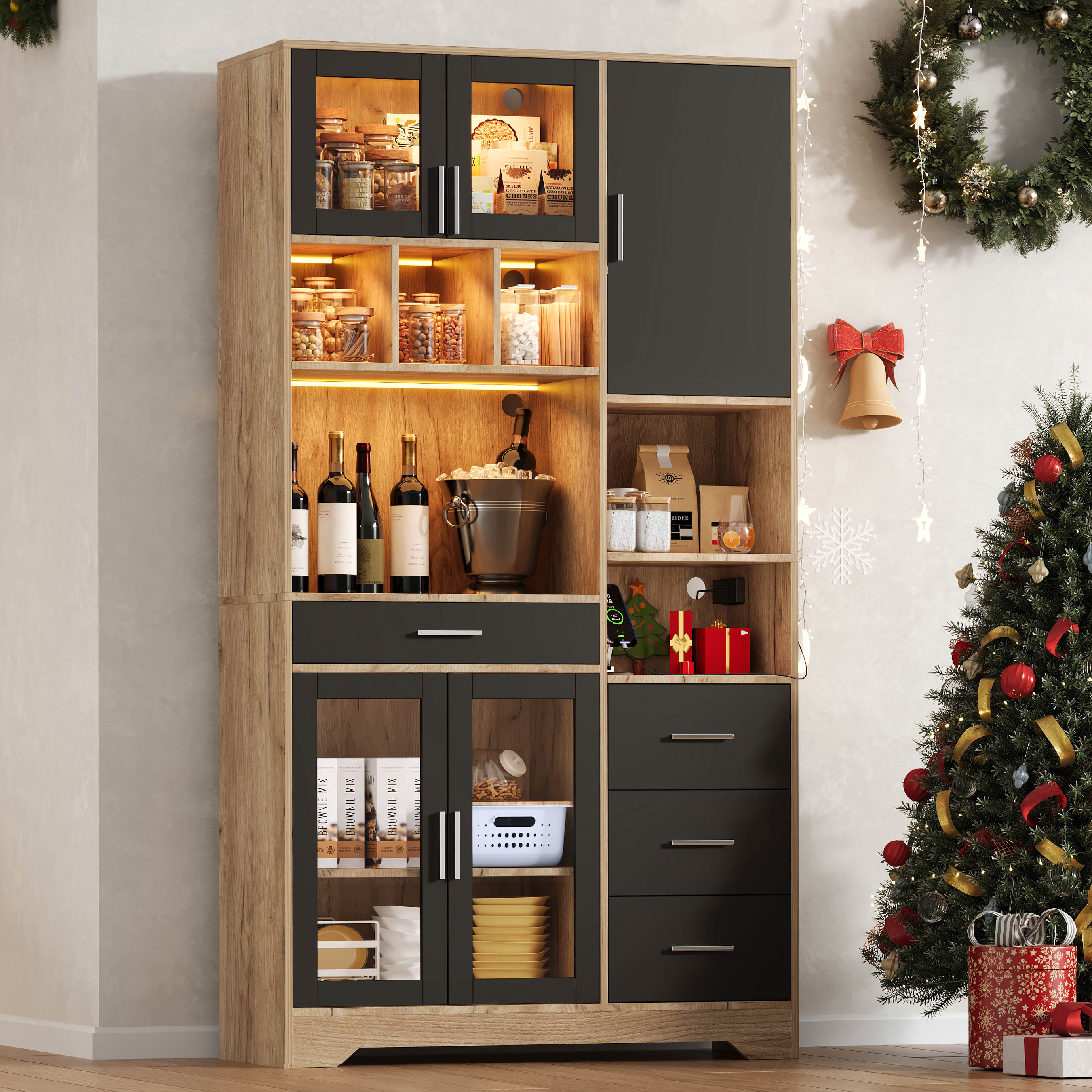 Farmhouse Style Vintage Tall Kitchen Cabinet with LED Lights and Socket, Oak Look