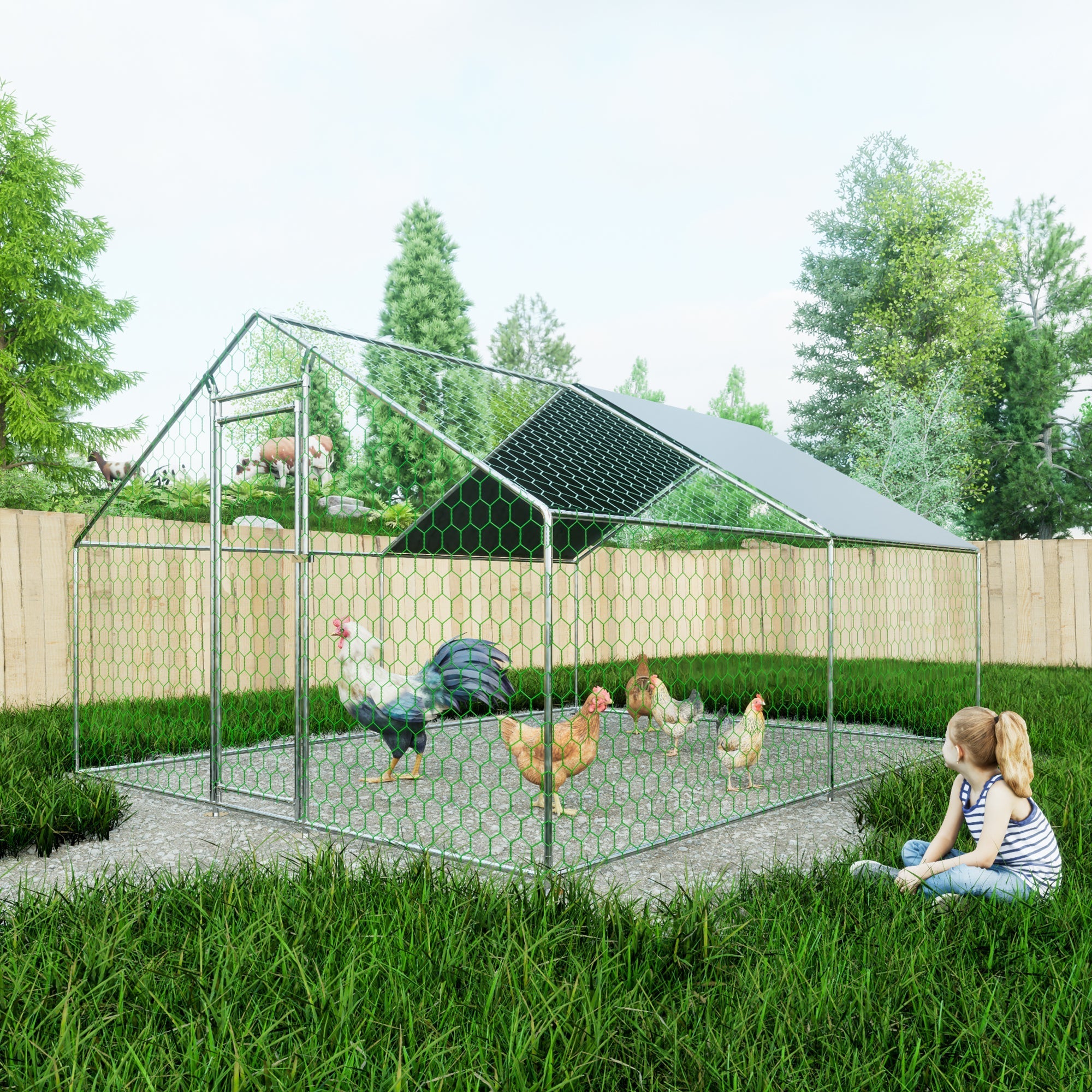Free-range Chicken Coop, 3x4x2m with Safety Lock, Metal & PE Cloth