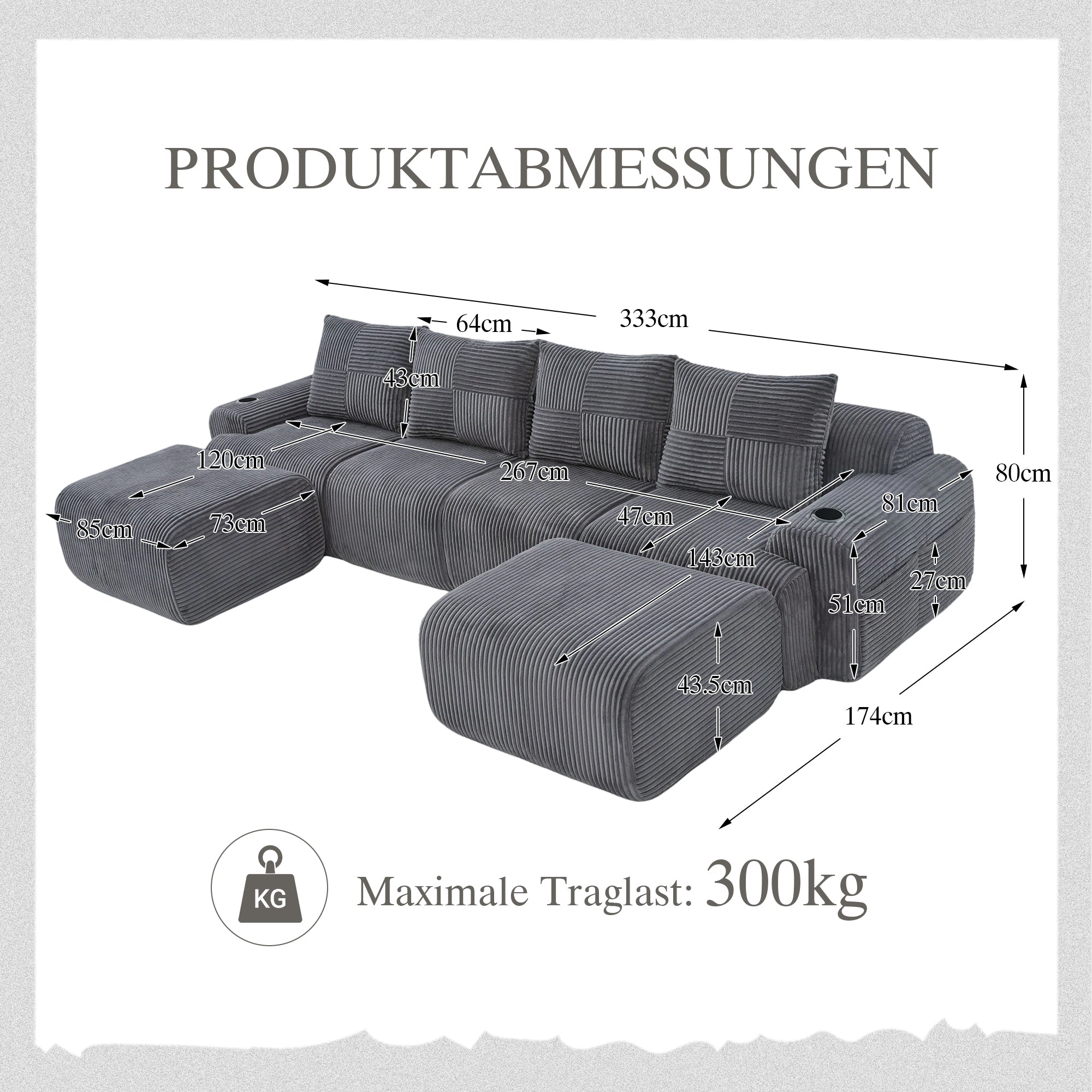 Modular 4-Seater Sofa with 2 Ottomans, Cup Holders and Storage Pocket, Dark Grey Corduroy