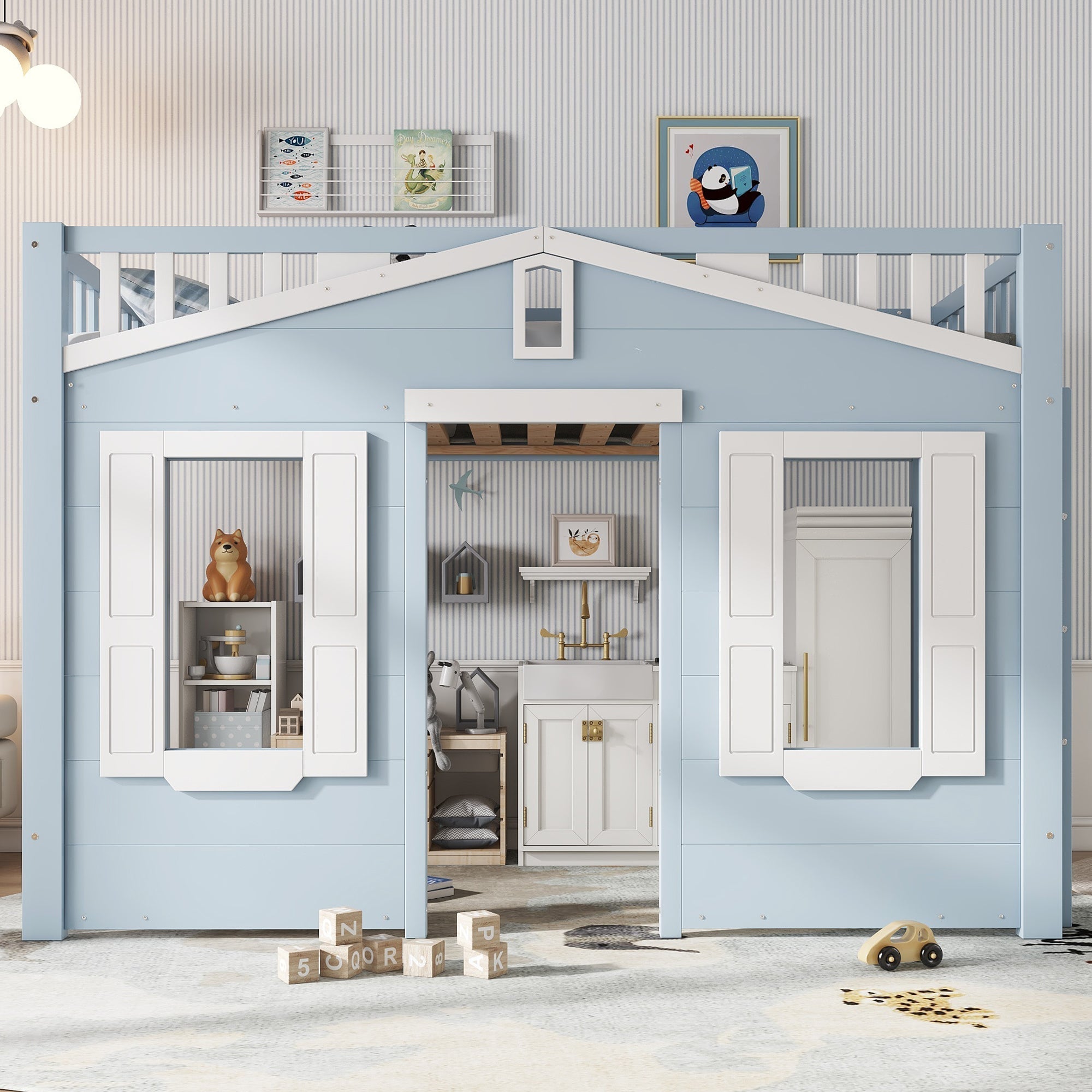Loft Bed, Flexible Design with Window & Ladder, Pine + MDF + Plywood, Blue