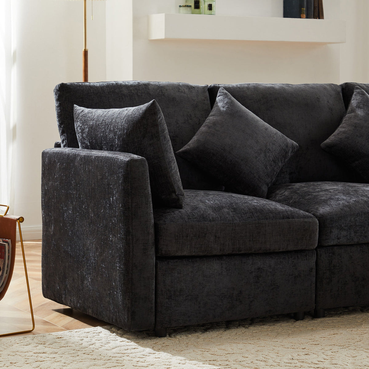 L-Shaped Corner Sofa Set with Footstool Modern Design Chenille Fabric