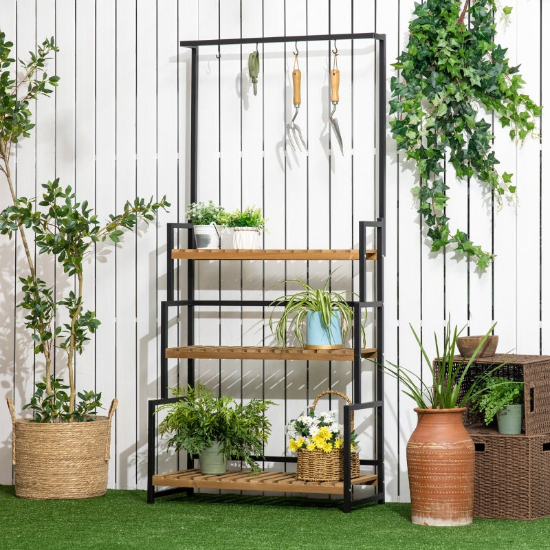 Plant Stand with 3 Tiers and Mounting Hooks, Natural Wood