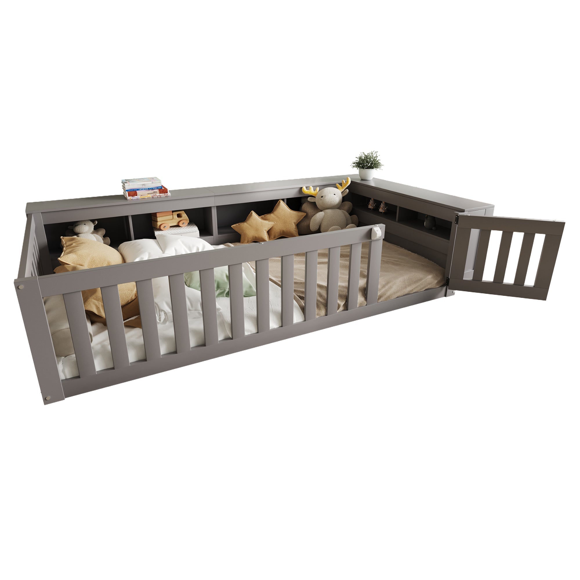 Multifunctional Children's Bed with Storage, Safety Gate & Slatted Frame, Grey