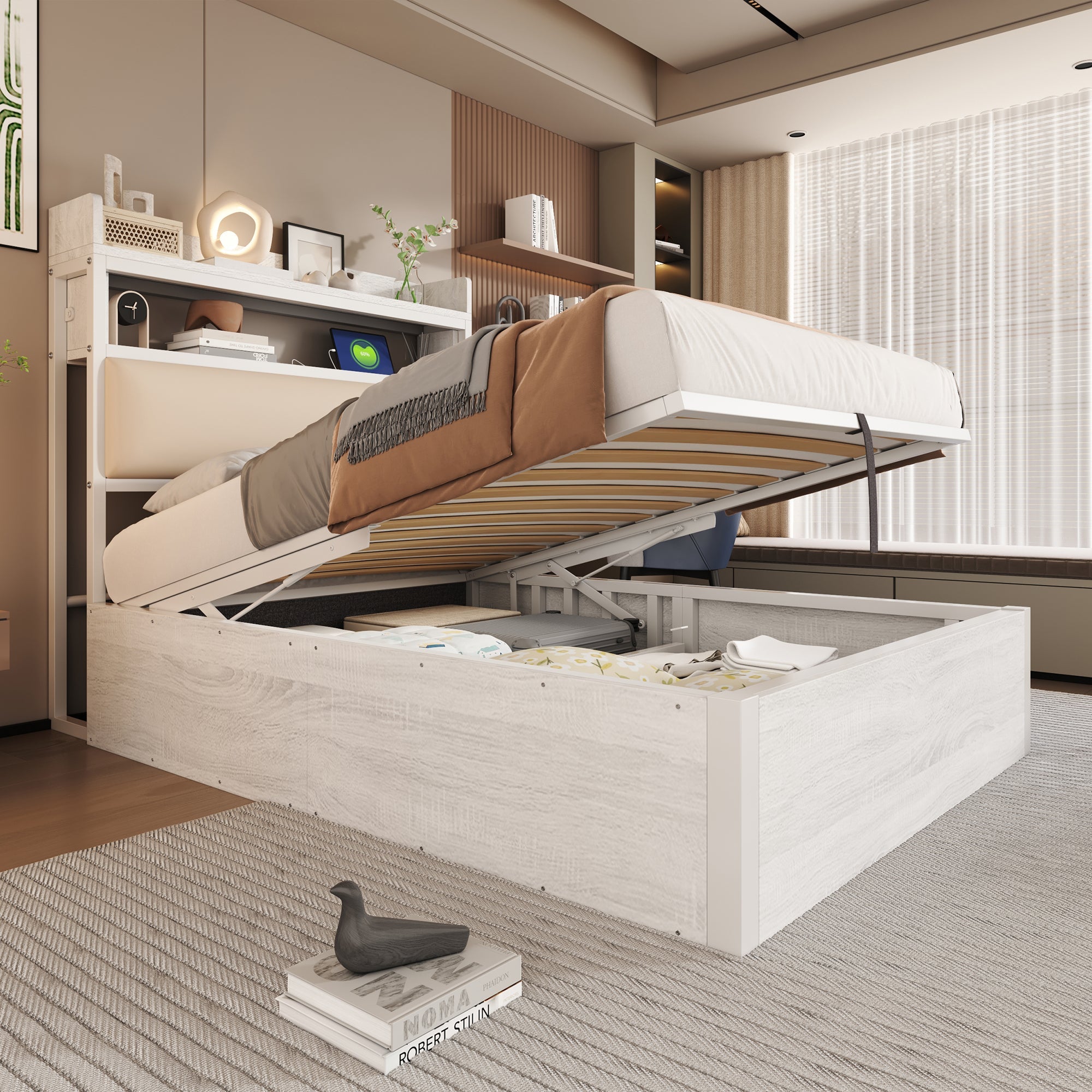 Bed Frame 90 x 200, Hydraulic Lift, USB, Upholstered Headboard, White