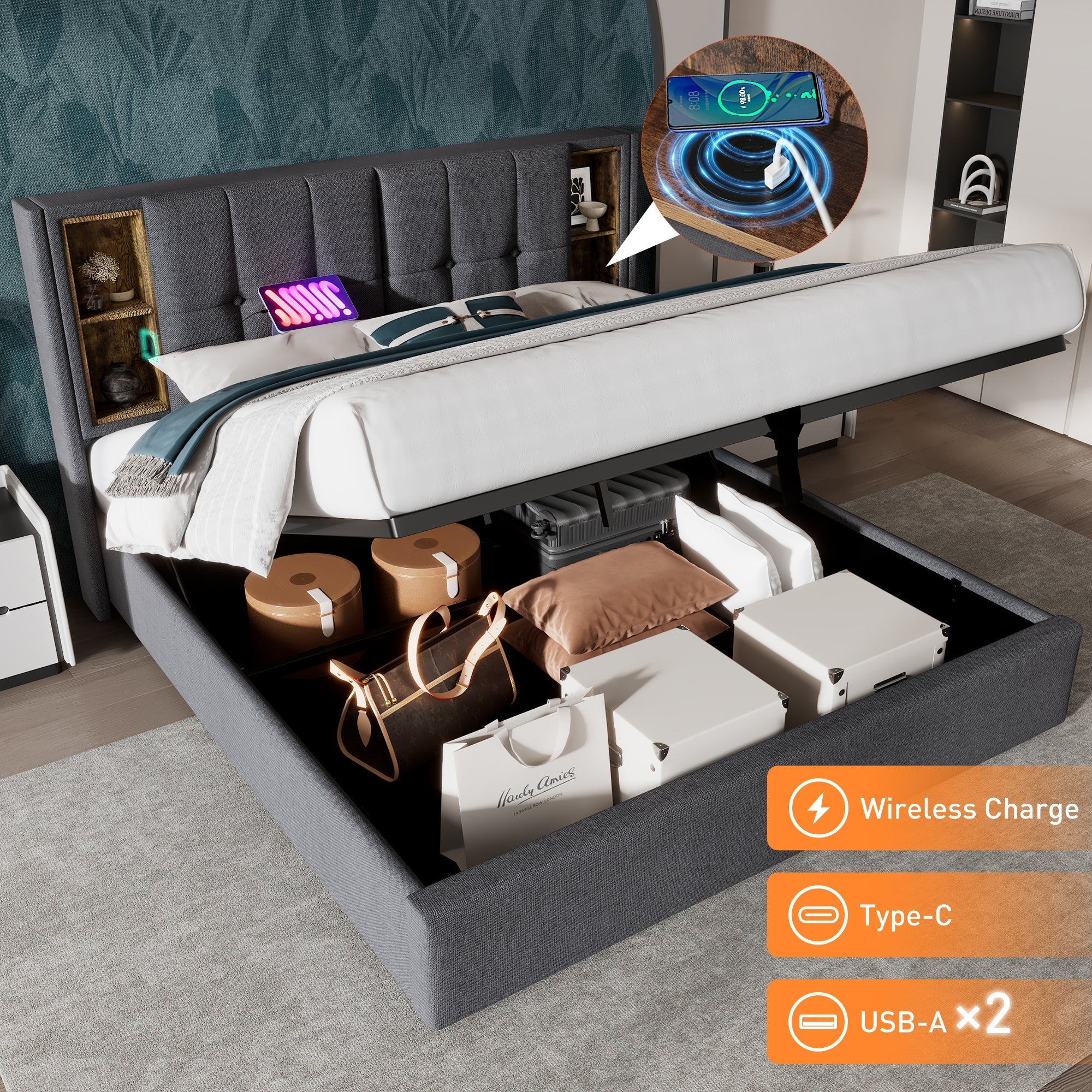Double Bed with Wireless Charging, Storage, 140x200cm, Grey Cotton