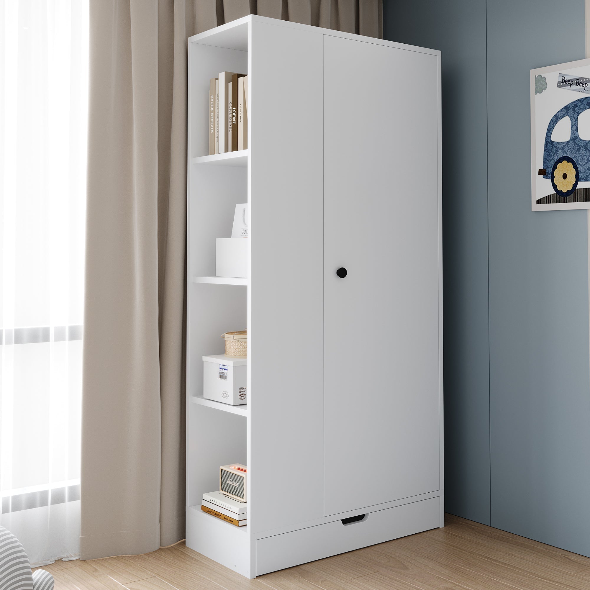 Wardrobe 70x40x170cm Single-Door with Shelves and Drawers, Pure White