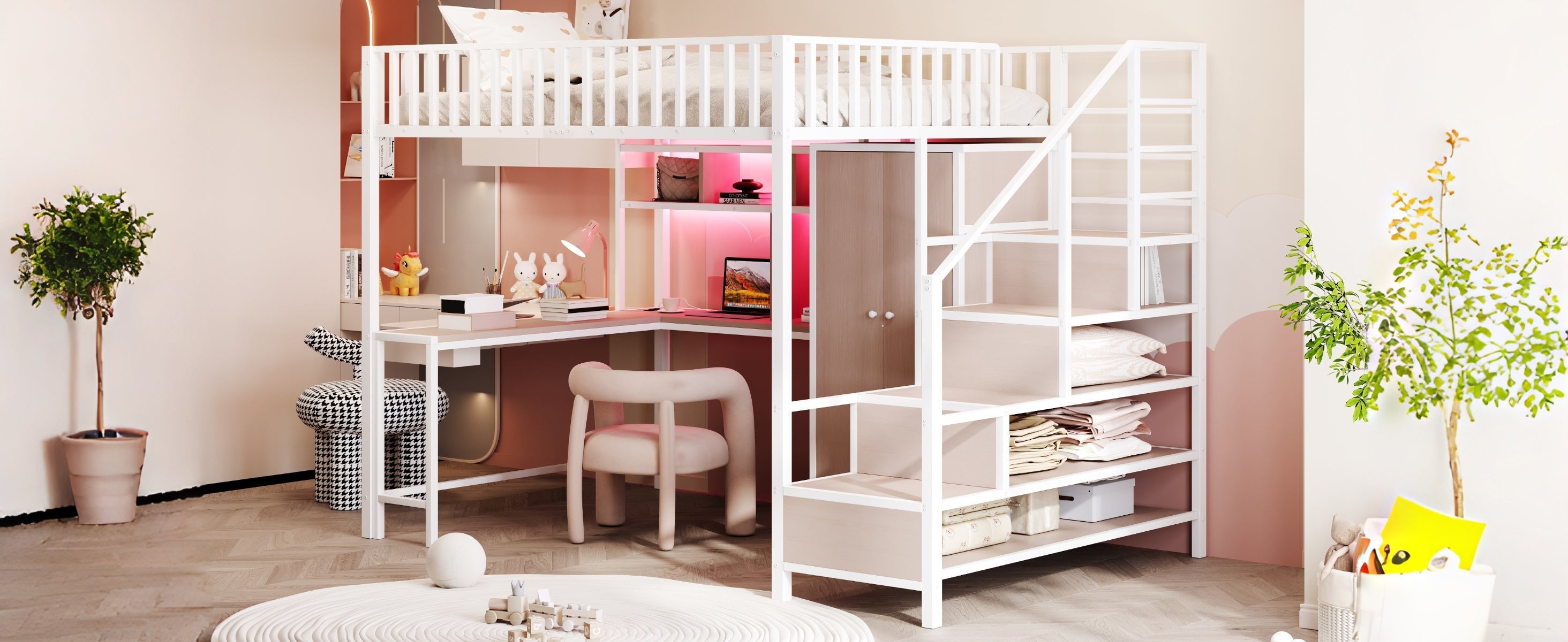 Metal Loft Bed 140 x 200 cm with Desk, Wardrobe, Storage Ladder and LED, White Metal Frame
