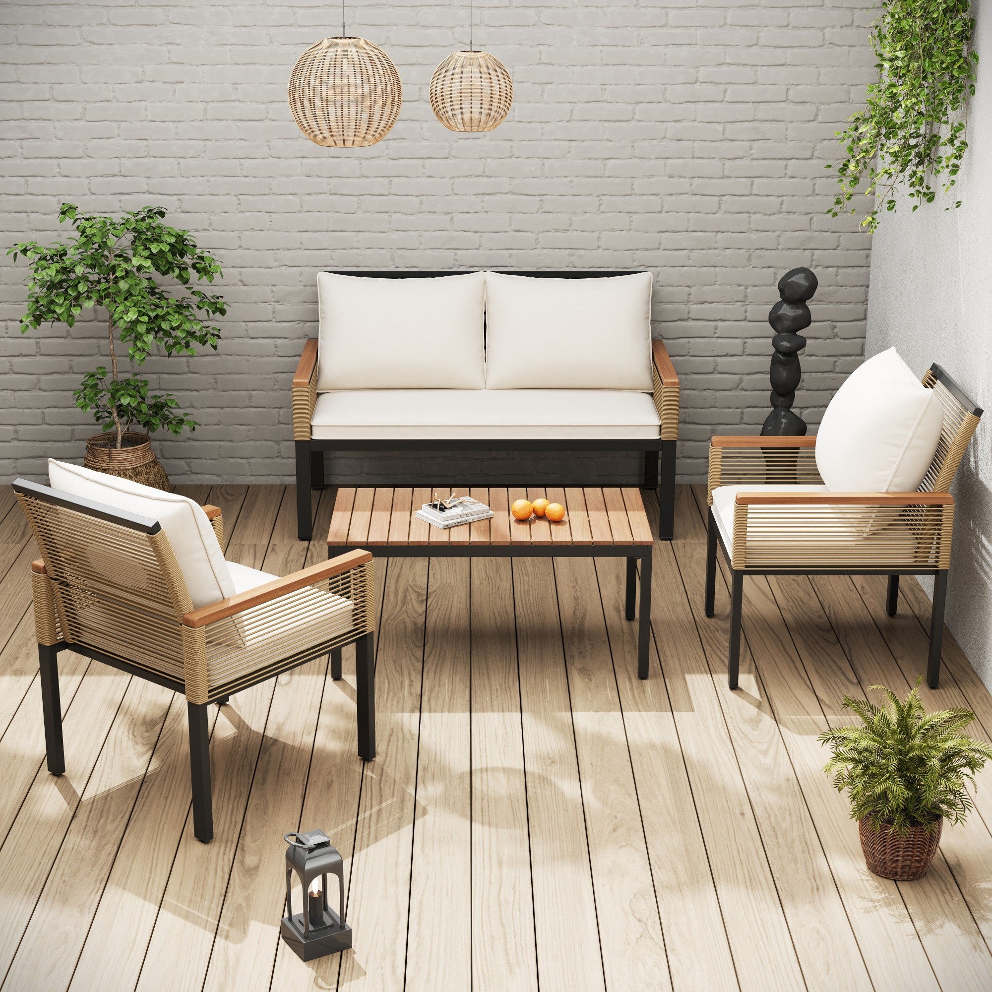 Garden Lounge Set with Double Sofa and 2 Armchairs, Rattan Beige