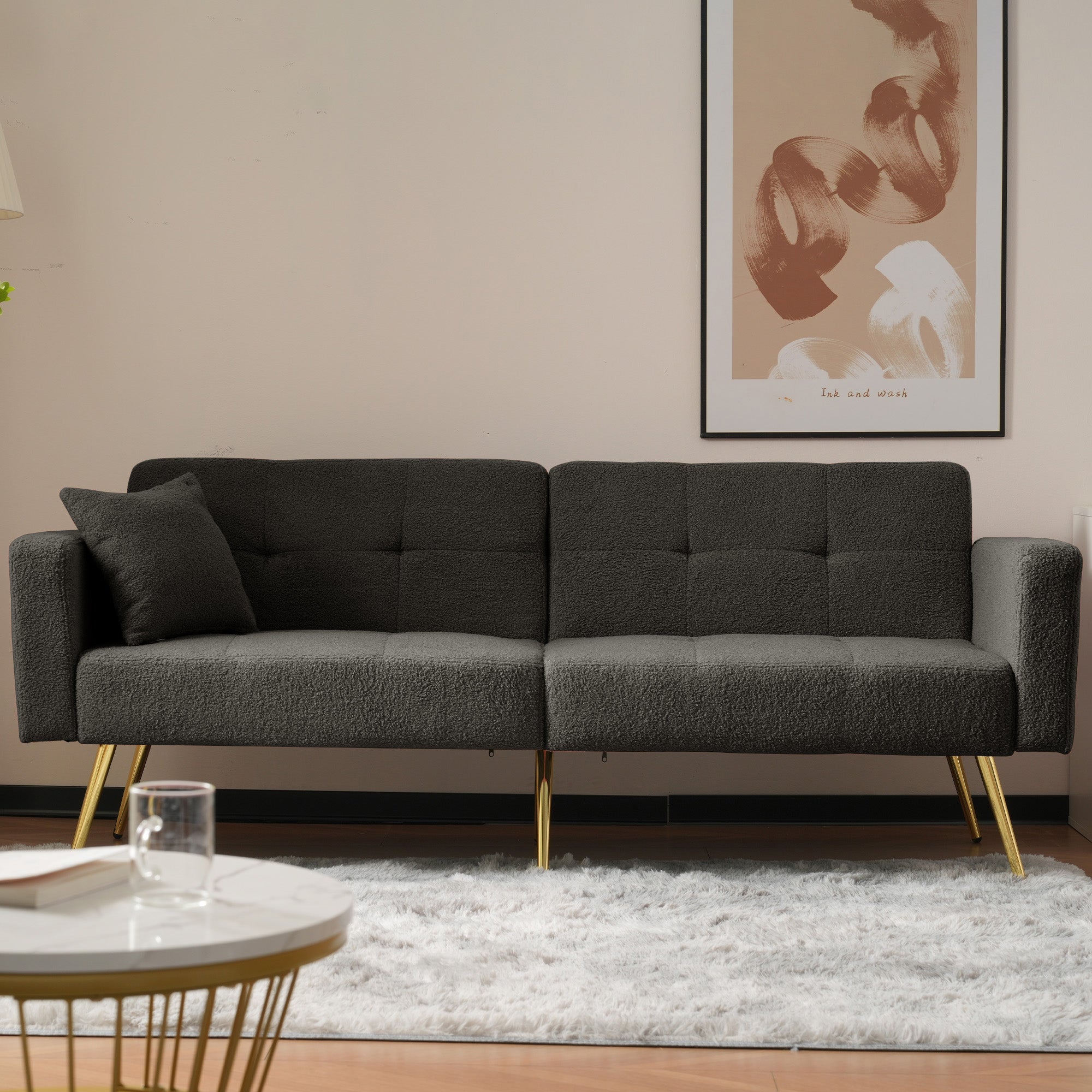 Sofa Bed with 3 Adjustable Backrests, Bed Function, Side Pockets, Sherpa Fabric