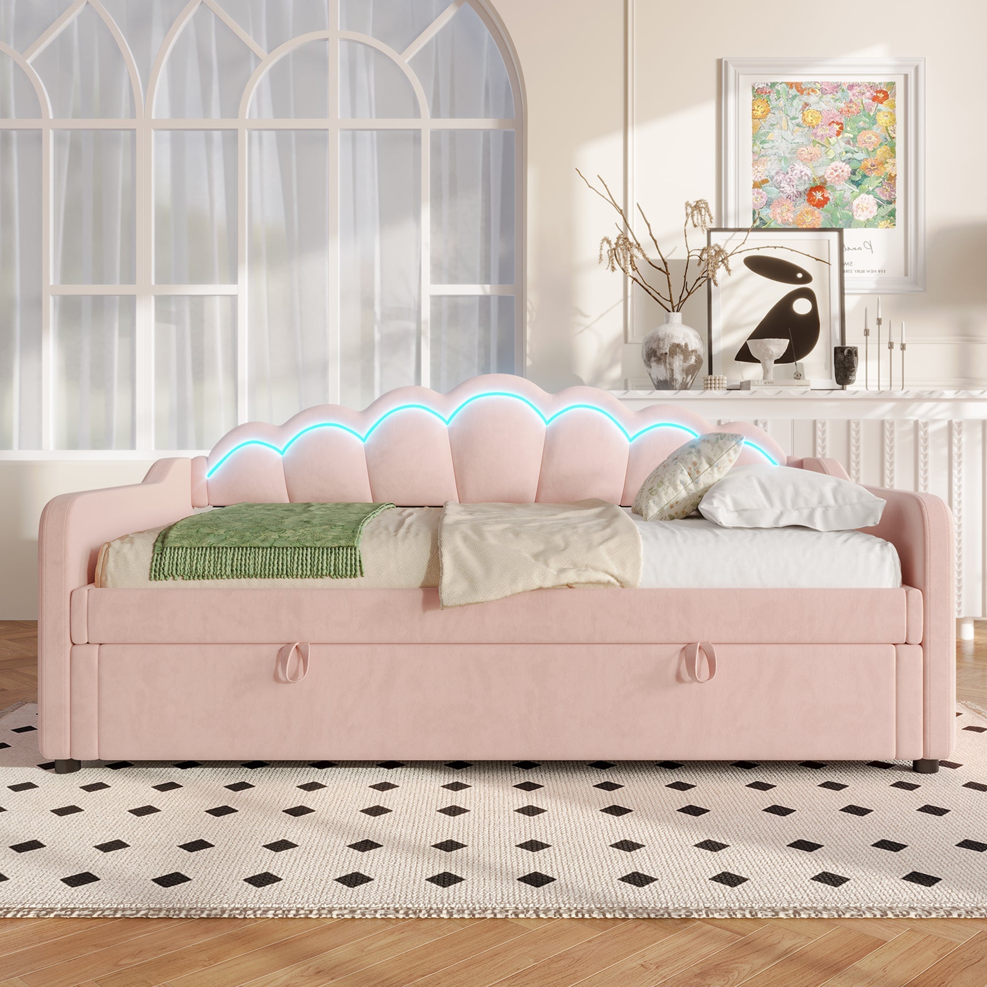Daybed Sofa Bed 90x200cm Hydraulic Storage LED - Velvet Pink