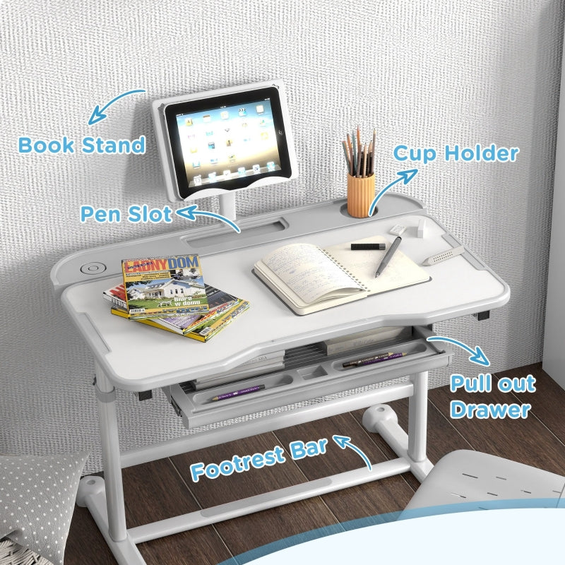 Kids Desk and Chair Set, Height Adjustable Tilted Desktop, Grey