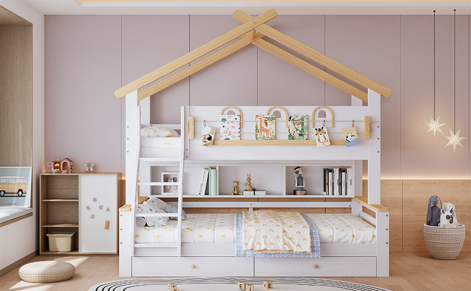 Bunk Bed Children's, Drawers Roof Slanted Staircase 90x200cm & 120x200cm, Pine + MDF White + Natural