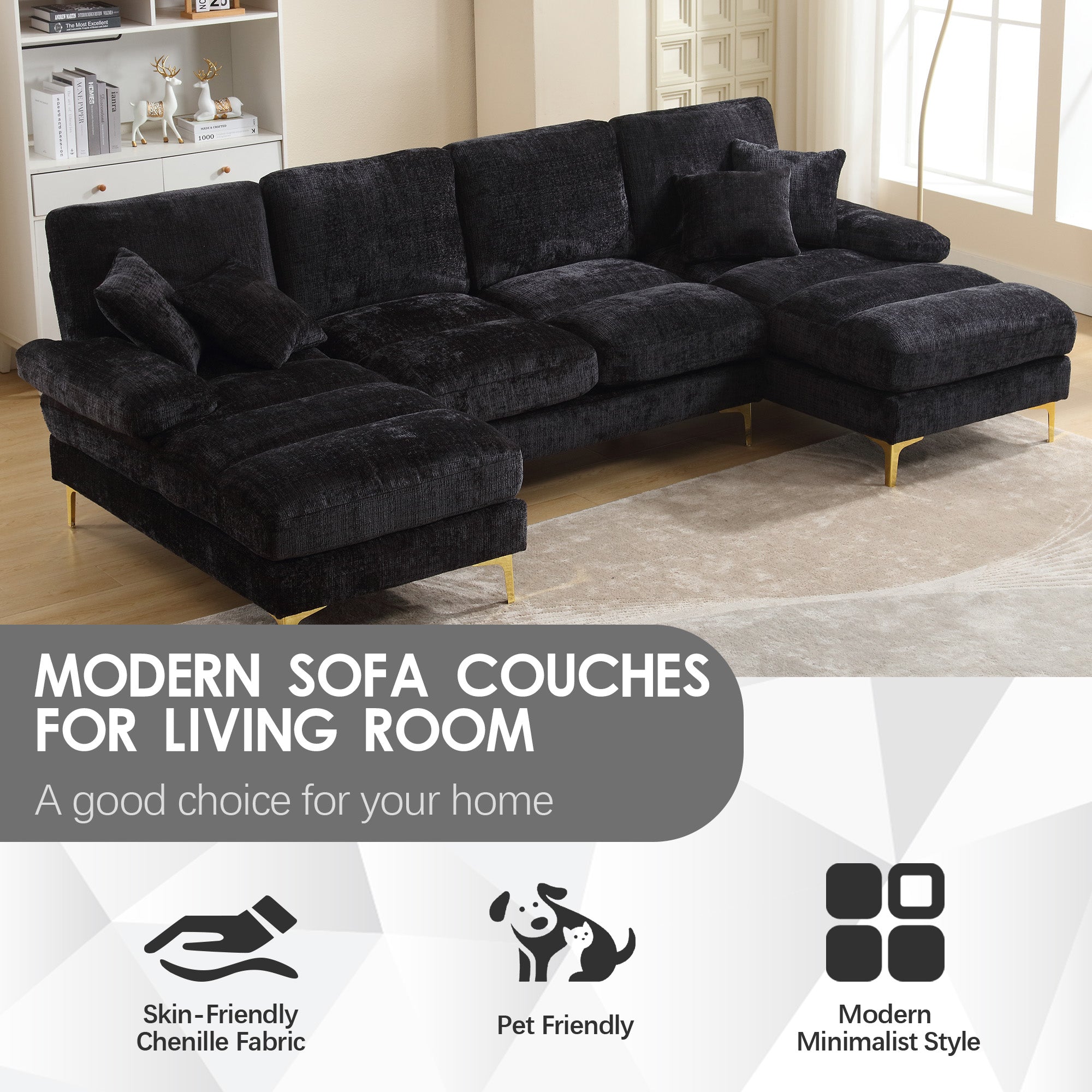 Sectional Couches GOMYWAY Modular U-Shaped with Double Chaise for Living Room Chenille Fabric