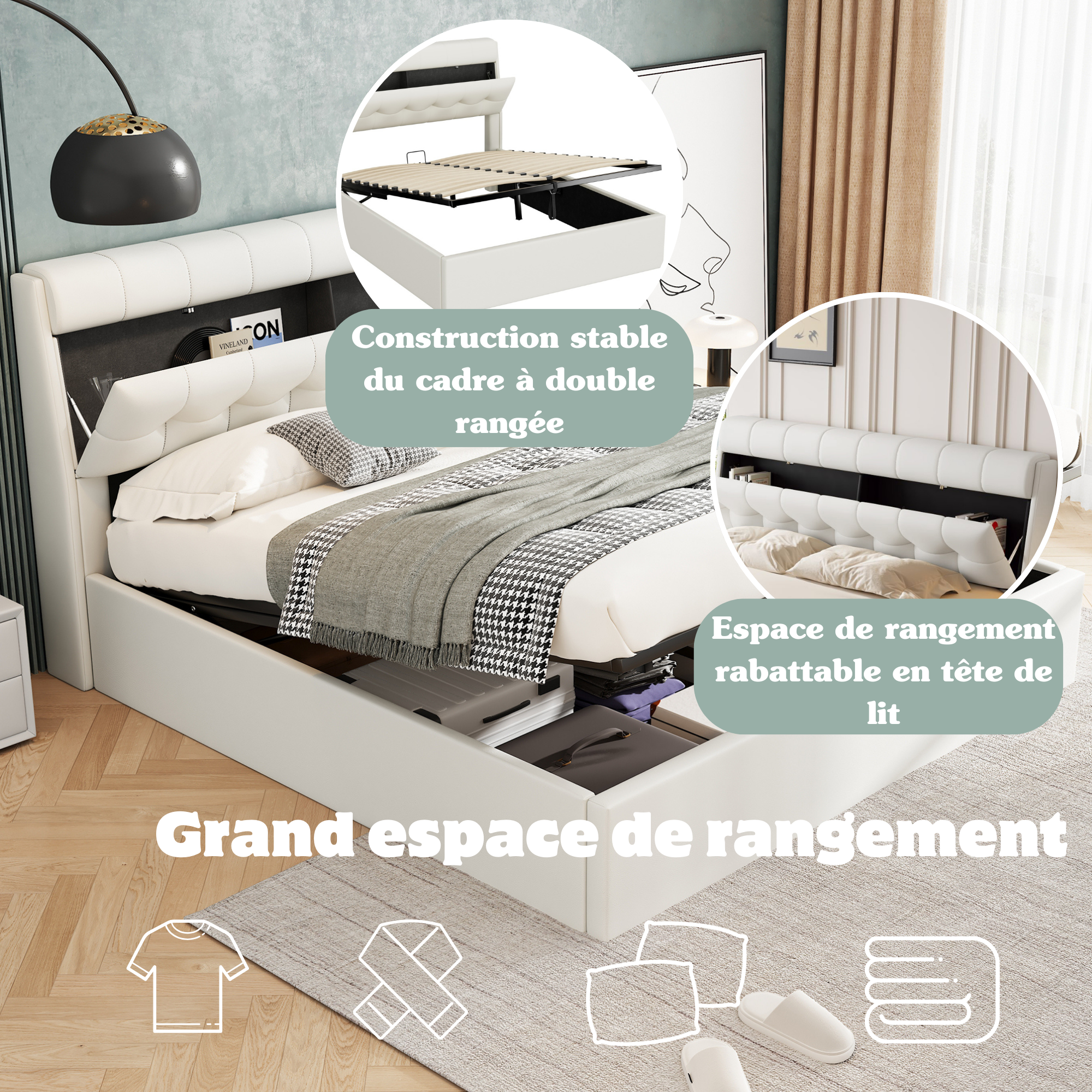 Upholstered Bed 140x190cm Hydraulic Storage Hidden Headboard Storage - PU White