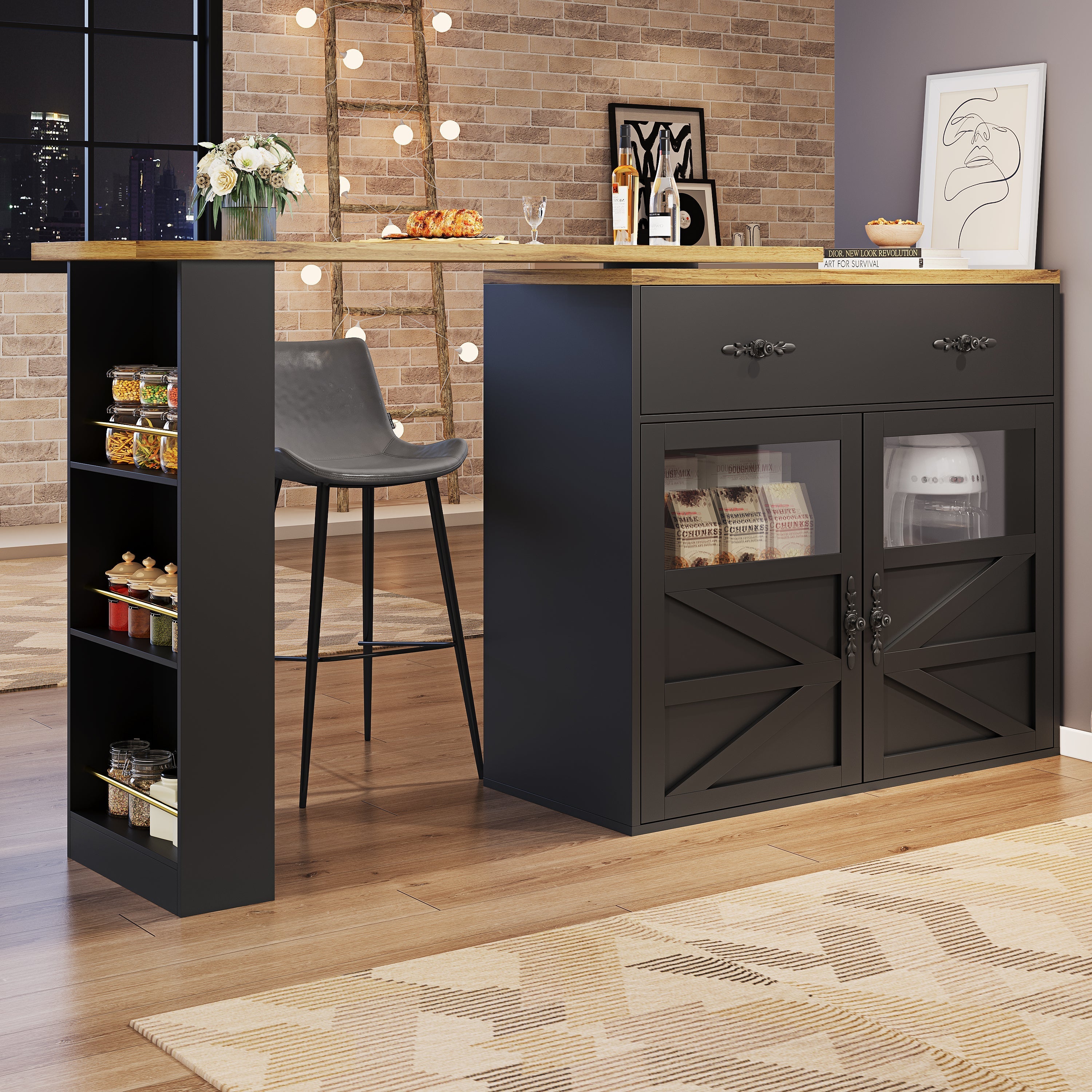 Bar Table Extendable 360° Rotating Storage Sideboard - Black