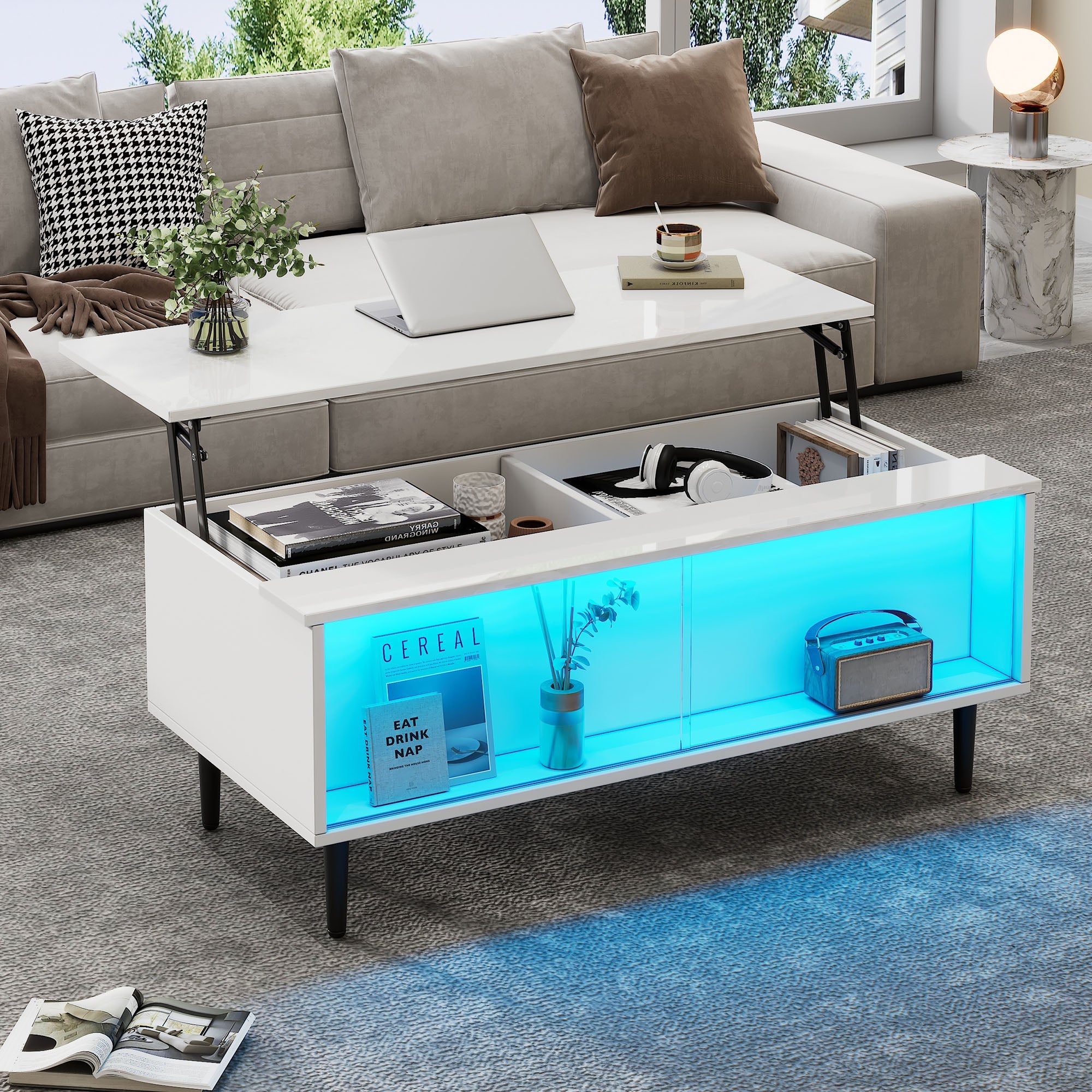 Coffee Table, Height-Adjustable with Hidden Storage & LED Light, White Tempered Glass
