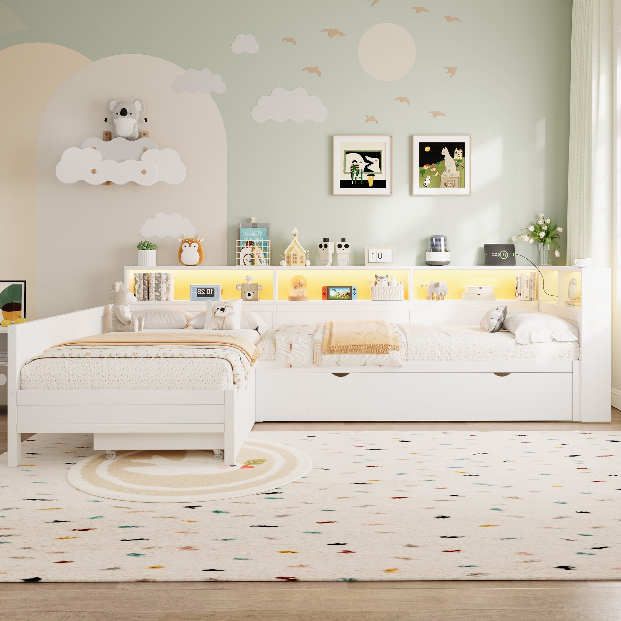 Wooden L-Shaped Platform Bed with Pull-Out Bed and Drawer, White