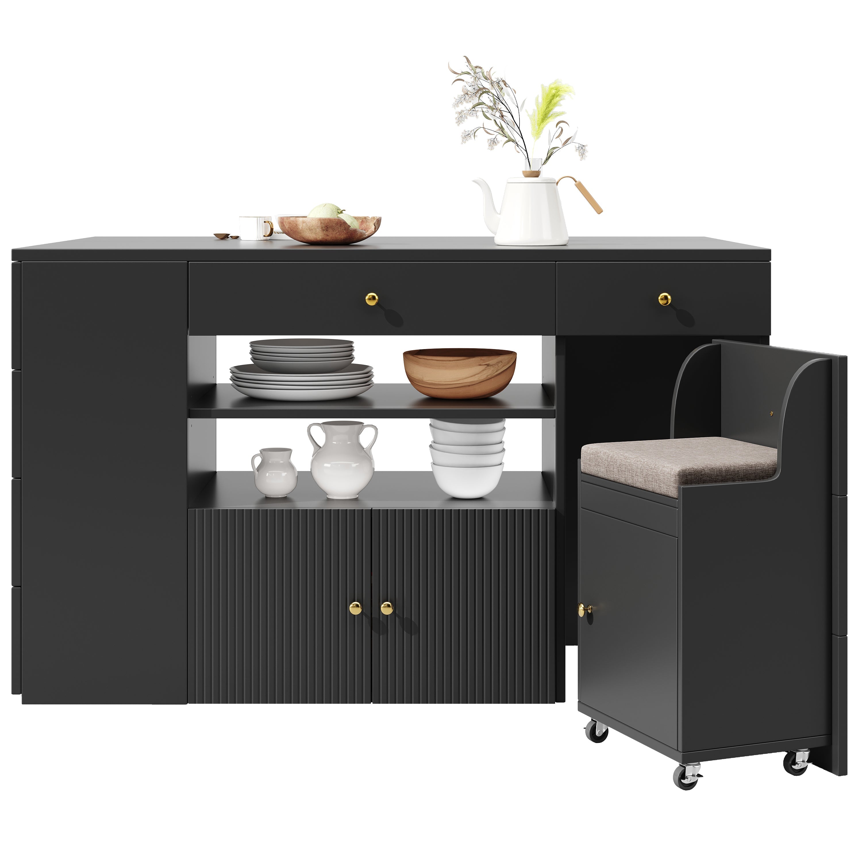 Kitchen Island Cabinet Adjustable 140cm with 6 Drawers Bar Stools White/Black