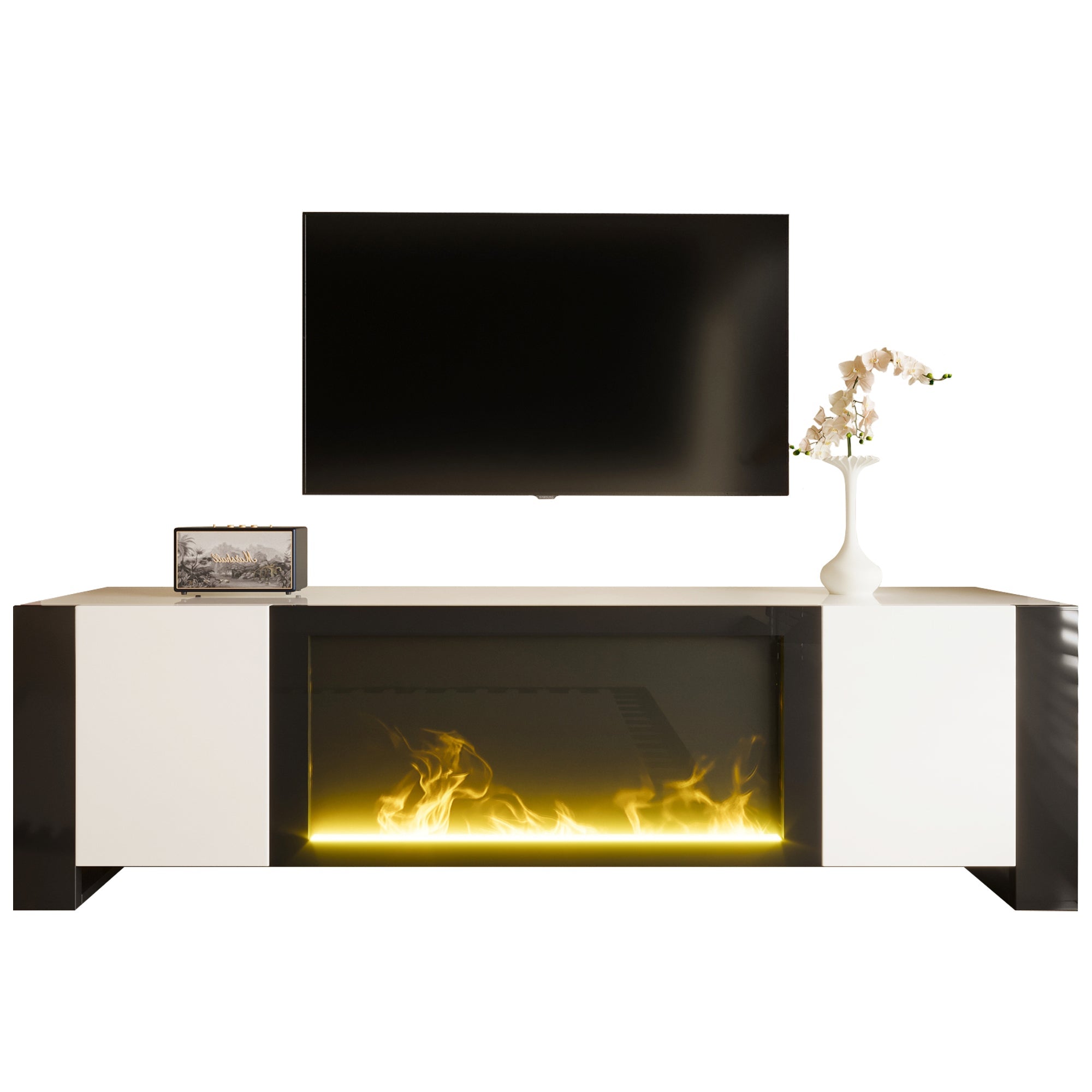 TV Cabinet, Lowboard Electric Fireplace High Gloss, White and Black