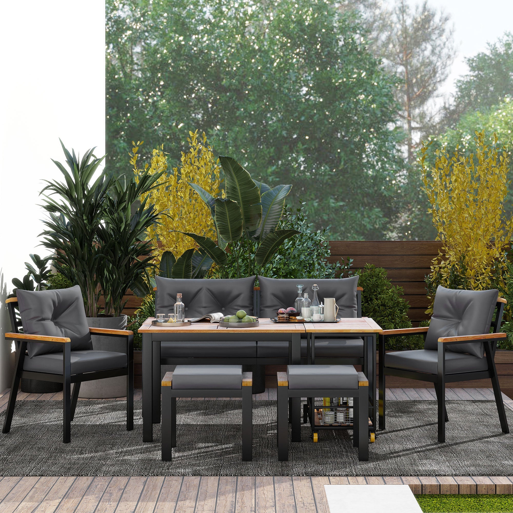 Dining Set, 6-7 Seater with Armchairs & Removable Trolley, Acacia Wood