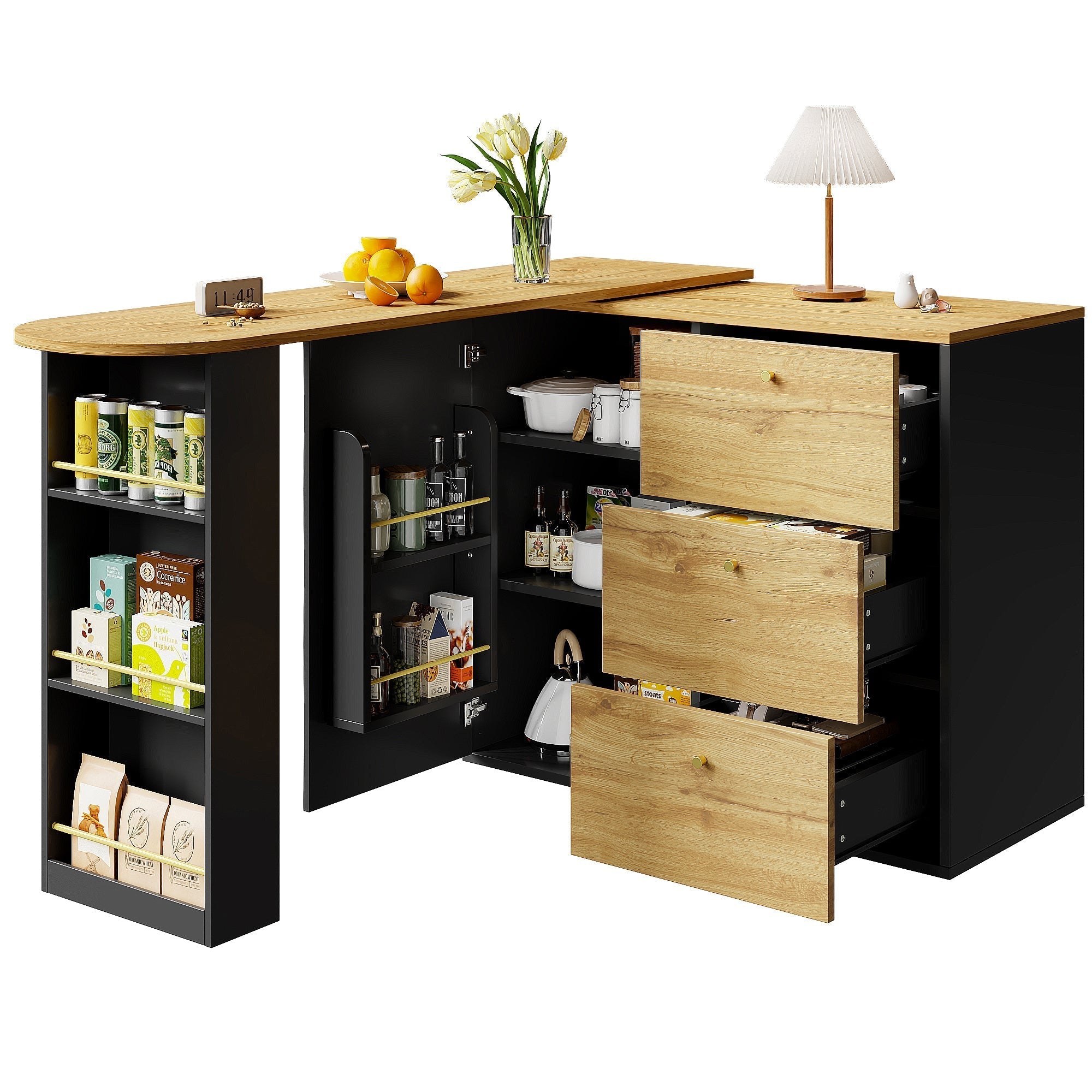 Extendable Bar Table 360° Rotating Storage - Wood Grain