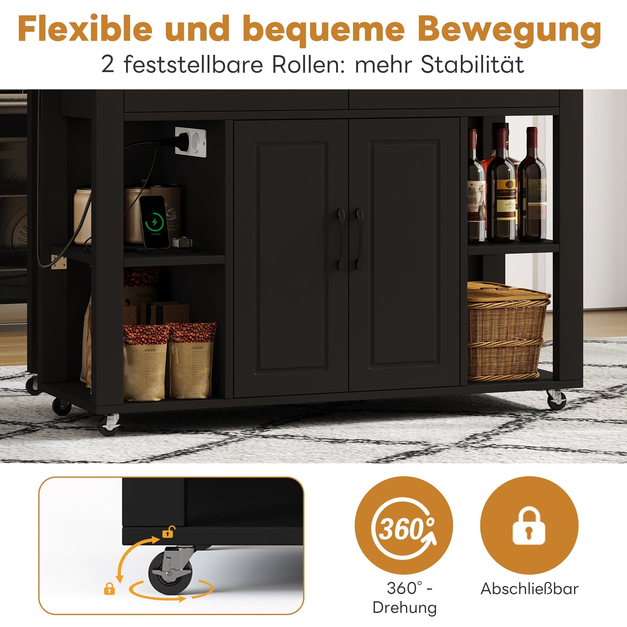Mobile Kitchen Island with Extendable Bar Counter and Power Outlets, Wood Look