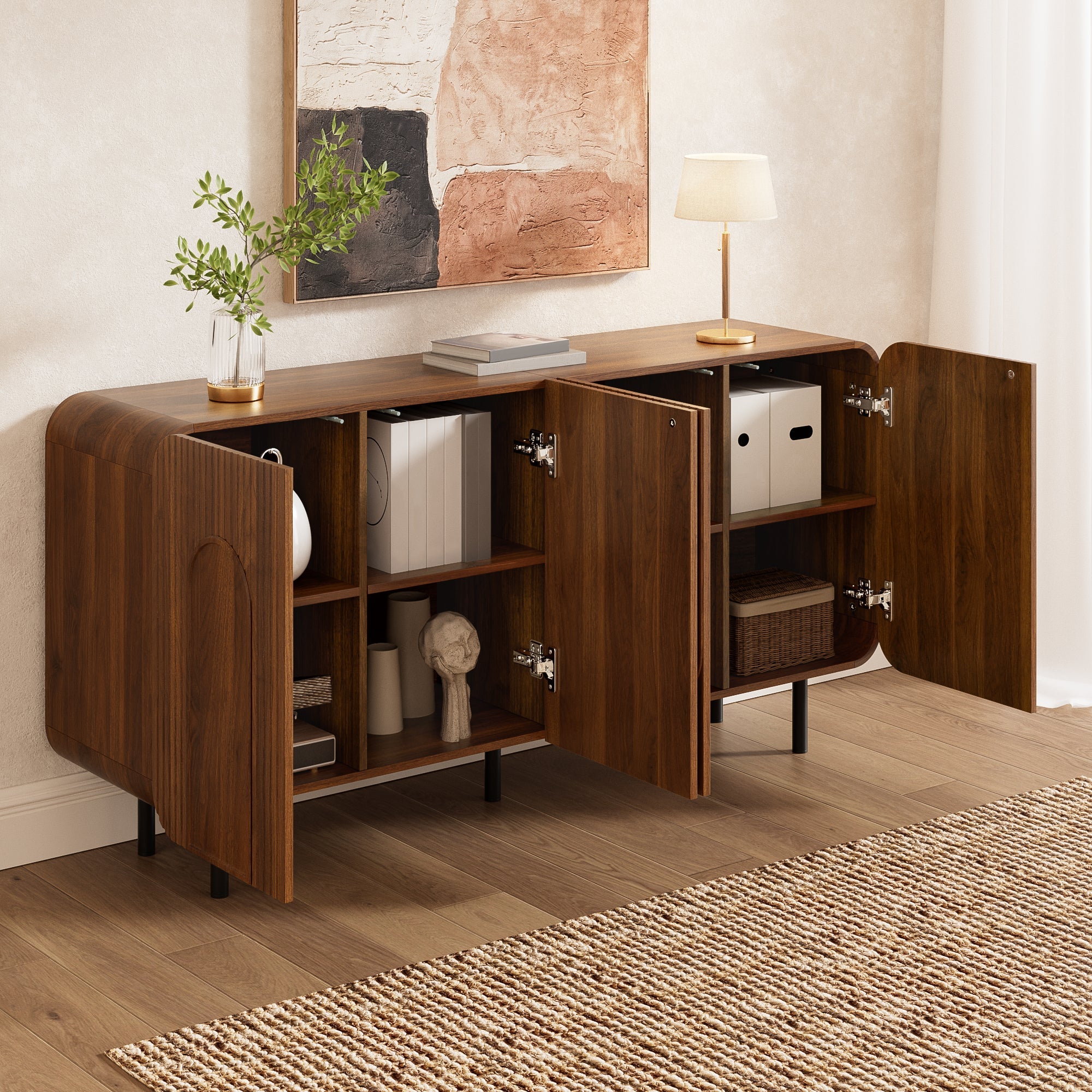 Mid-Century Sideboard with 4 Doors and 8 Compartments, Walnut Finish Wood and Metal