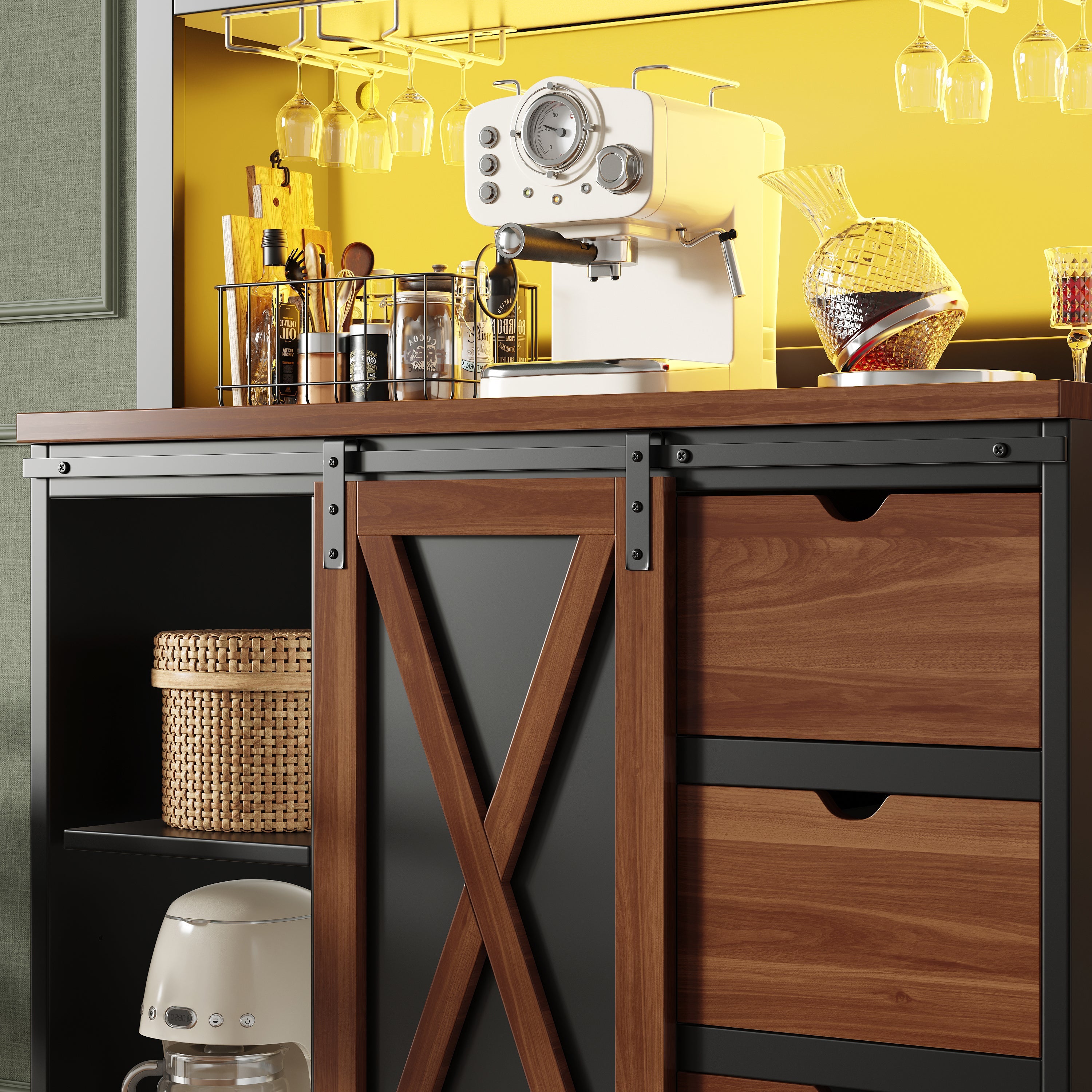 Modern Tall Sideboard Cabinet with LED App Control and Sliding Door, Black