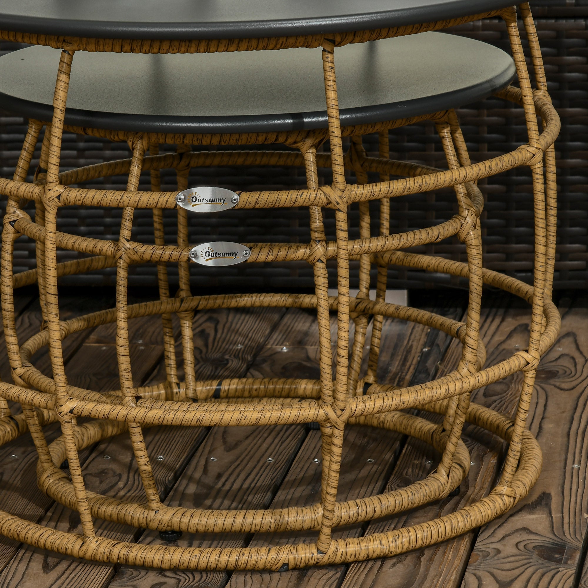 Side Table Set, 2 Coffee Tables with Hand-Woven Table Top, Sand