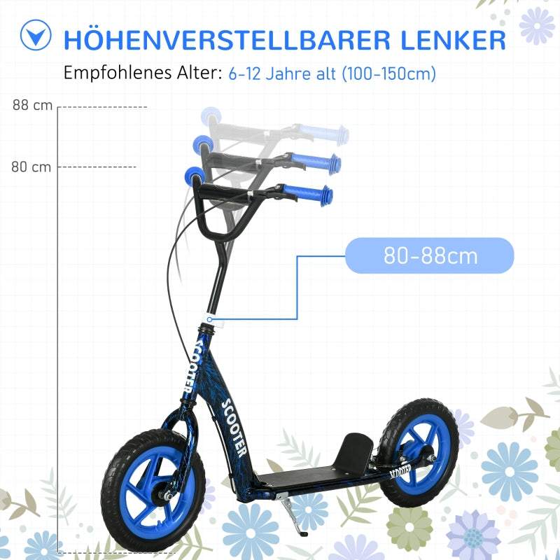 Children's Kick Scooter with Height-Adjustable Handlebar, Brake and Stand, Blue Steel