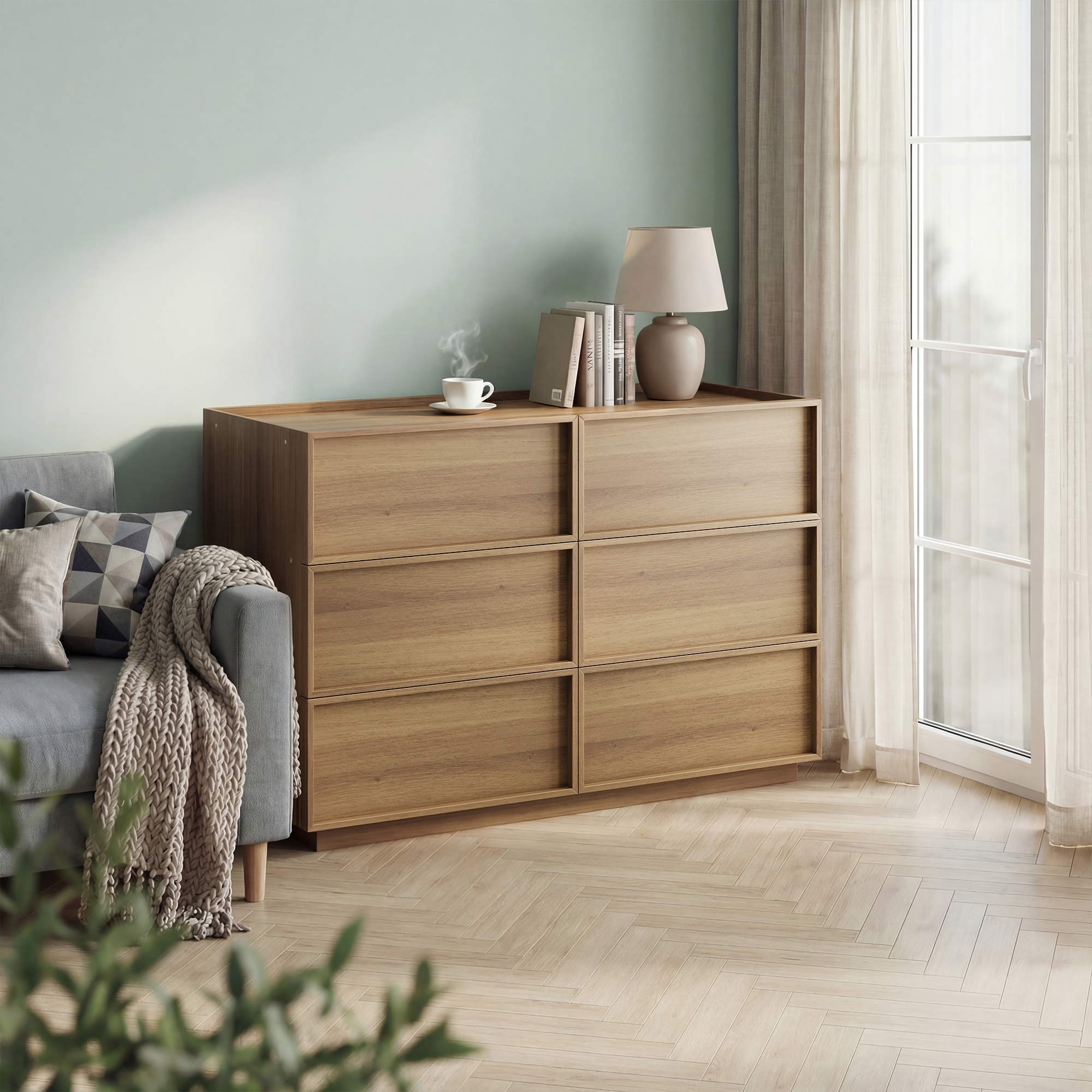 Chest of Drawers with Six Drawers and Modern Storage, 127 x 48 x 80 cm, Oak Color