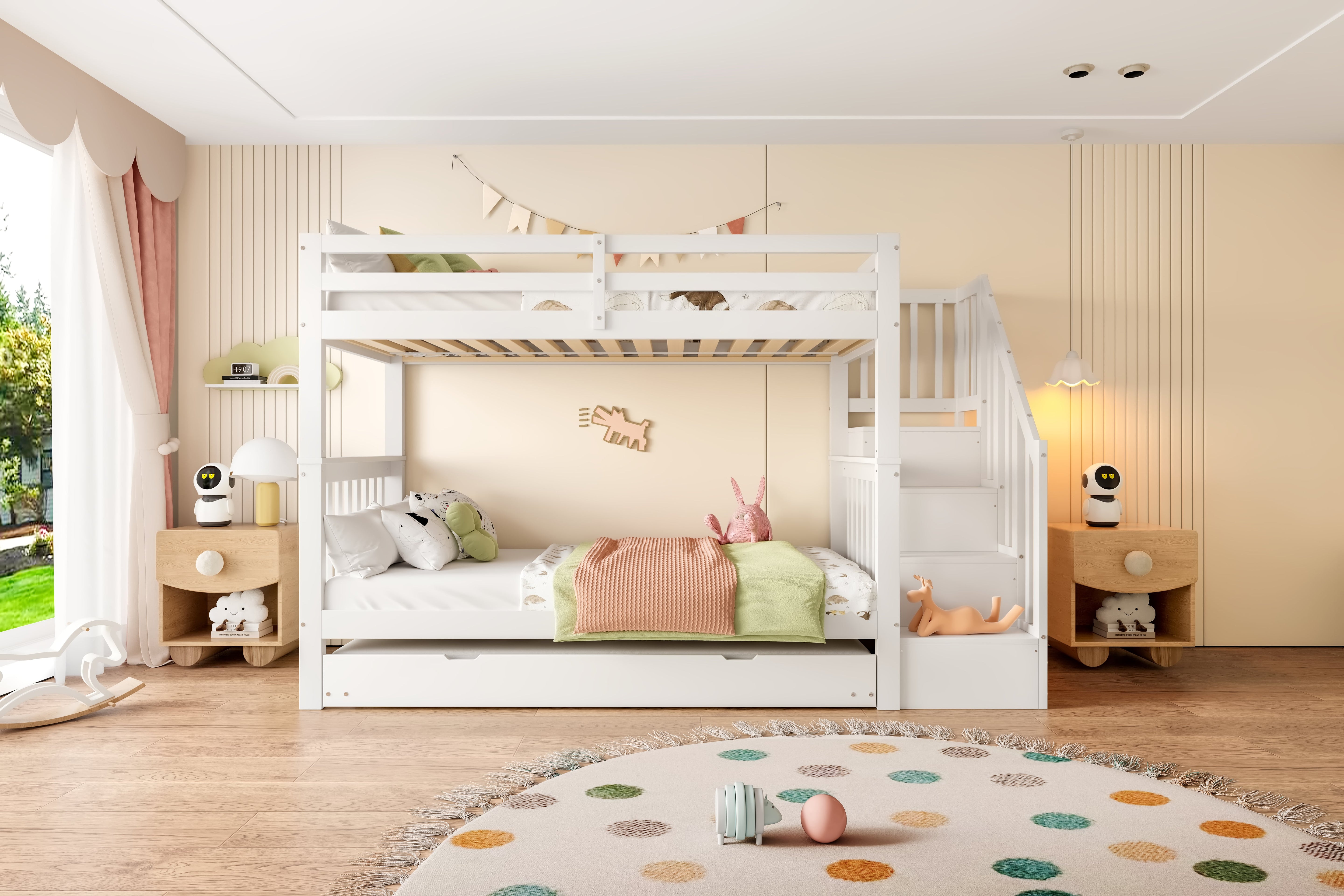 Bunk Bed with Staircase Storage and Pull-out Trundle, 90x200cm, White Pine and MDF