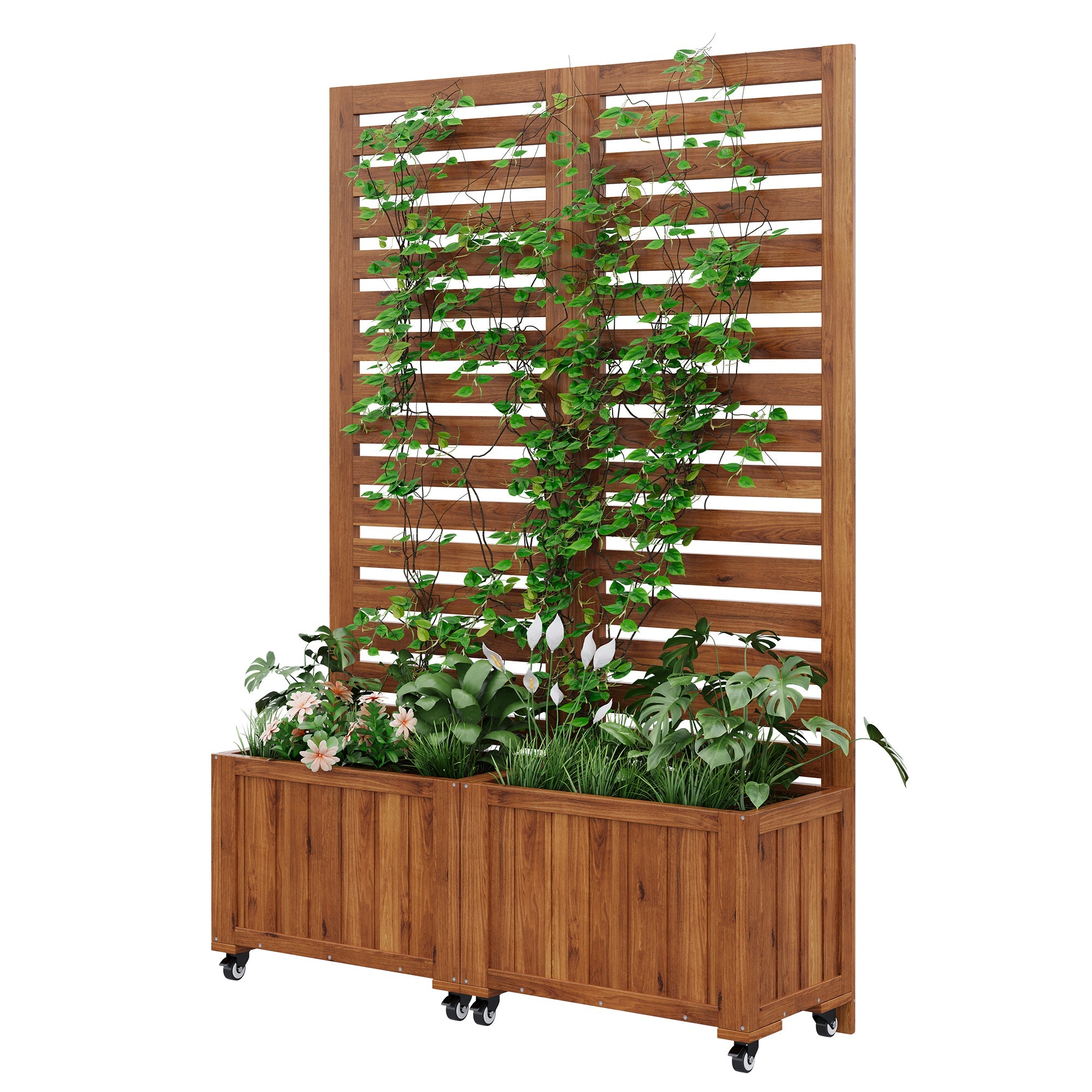 Planter Box with Trellis & Folding Wheels - Brown Solid Wood