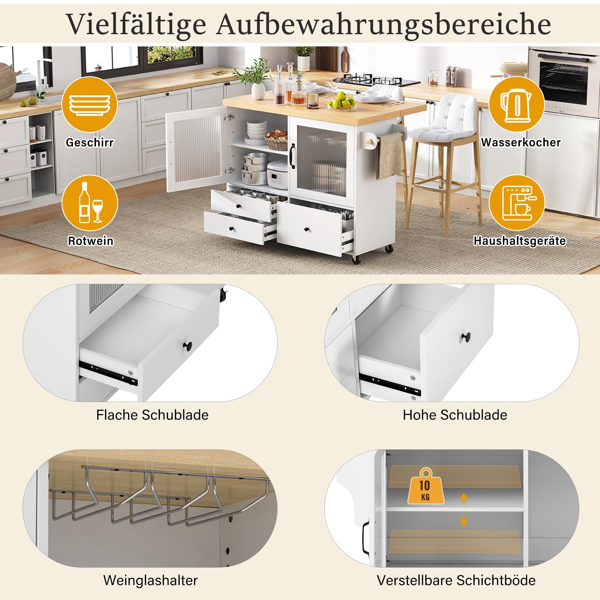 Mobile Kitchen Island Extendable Table Wheels Wine Glass Holder Storage - White