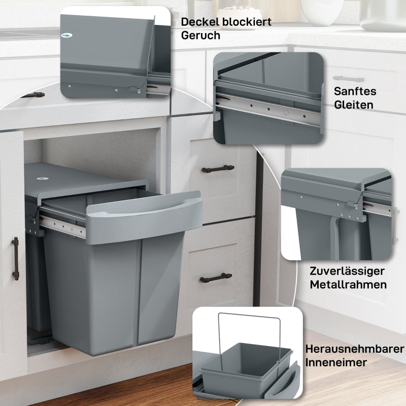 Extendable Waste Bin 2x 20L Removable Containers Plastic Metal Grey