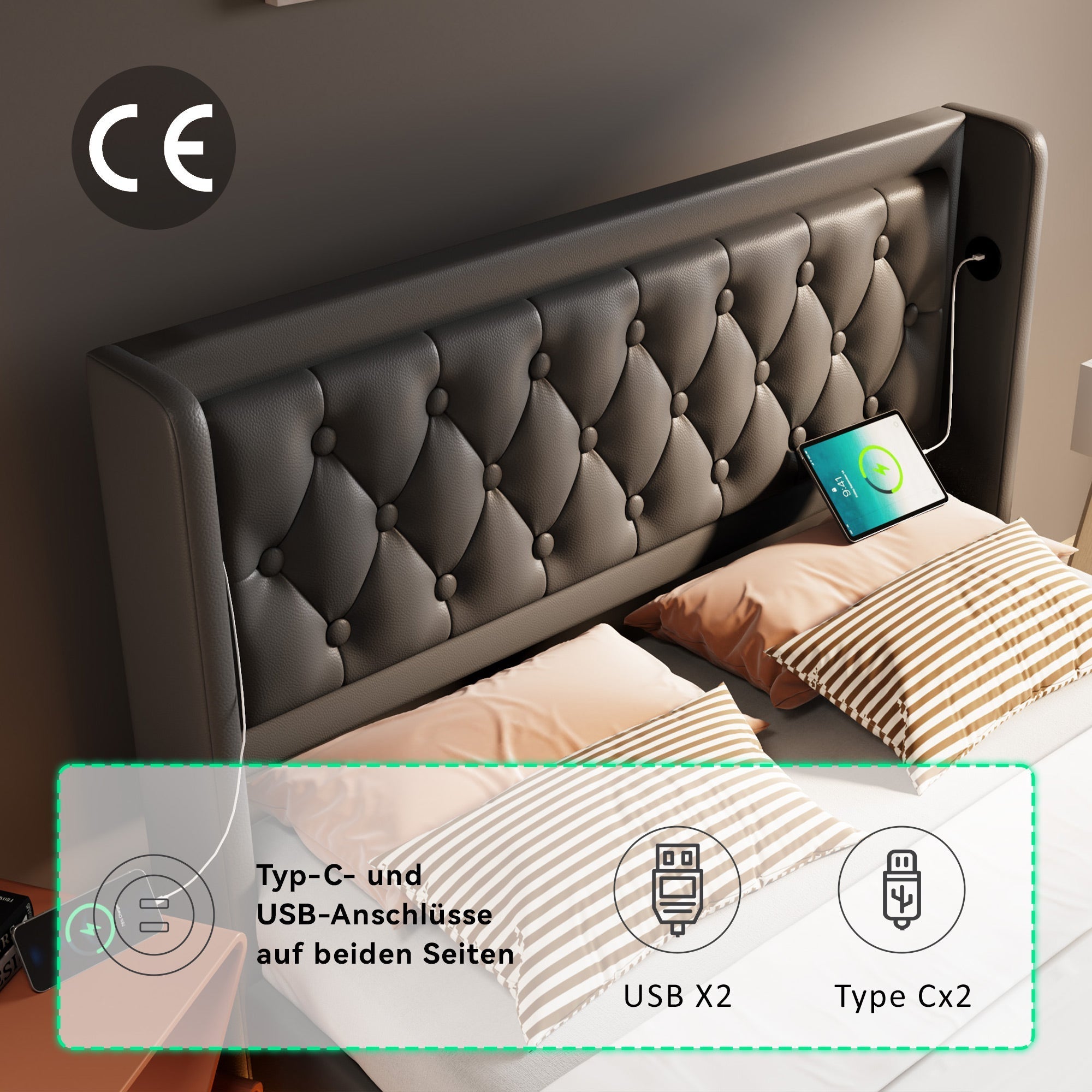 Upholstered Double Bed, 140x200cm Hydraulic Storage with USB Type-C Charging & 3-Sided LED, Black PU