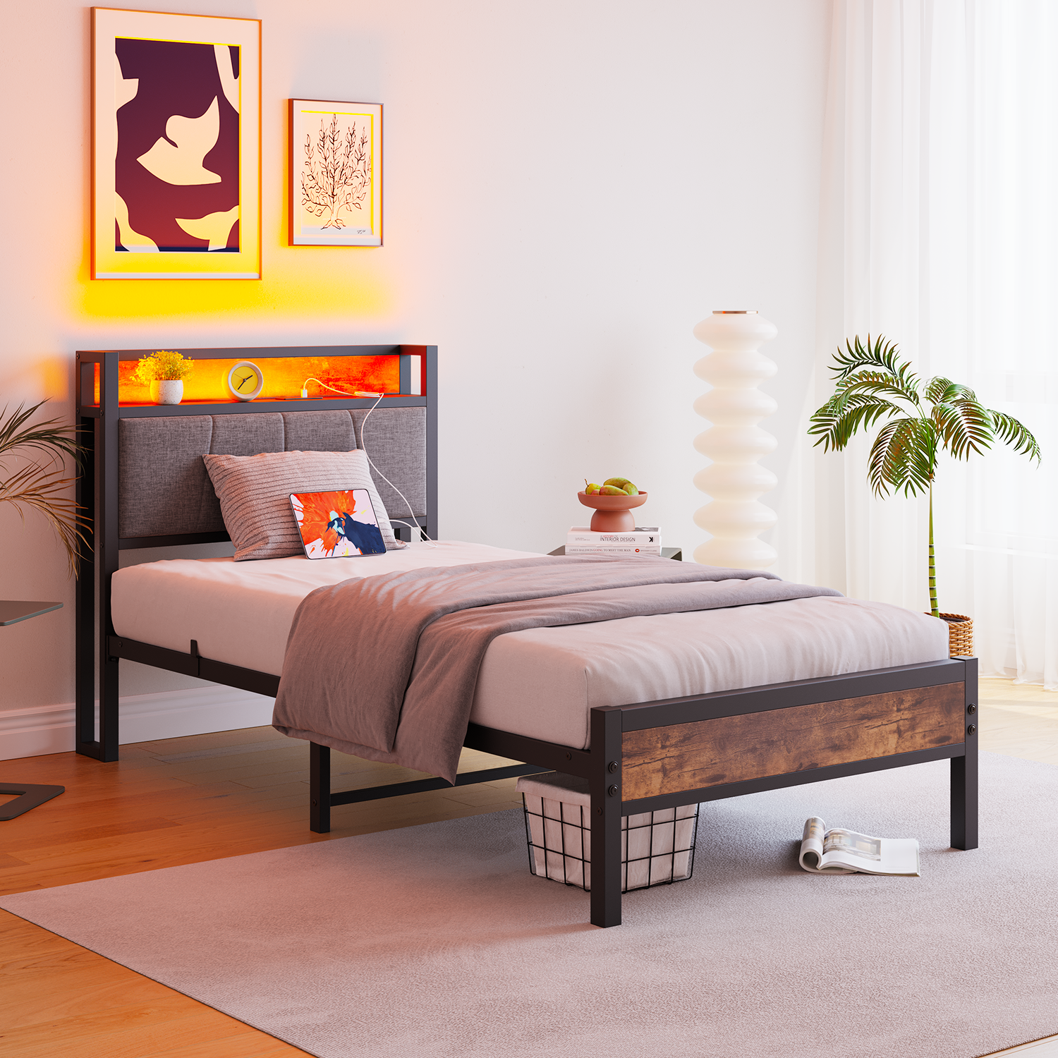 Bed Frame 90x200cm Smart LED Lights USB Charging - Metal