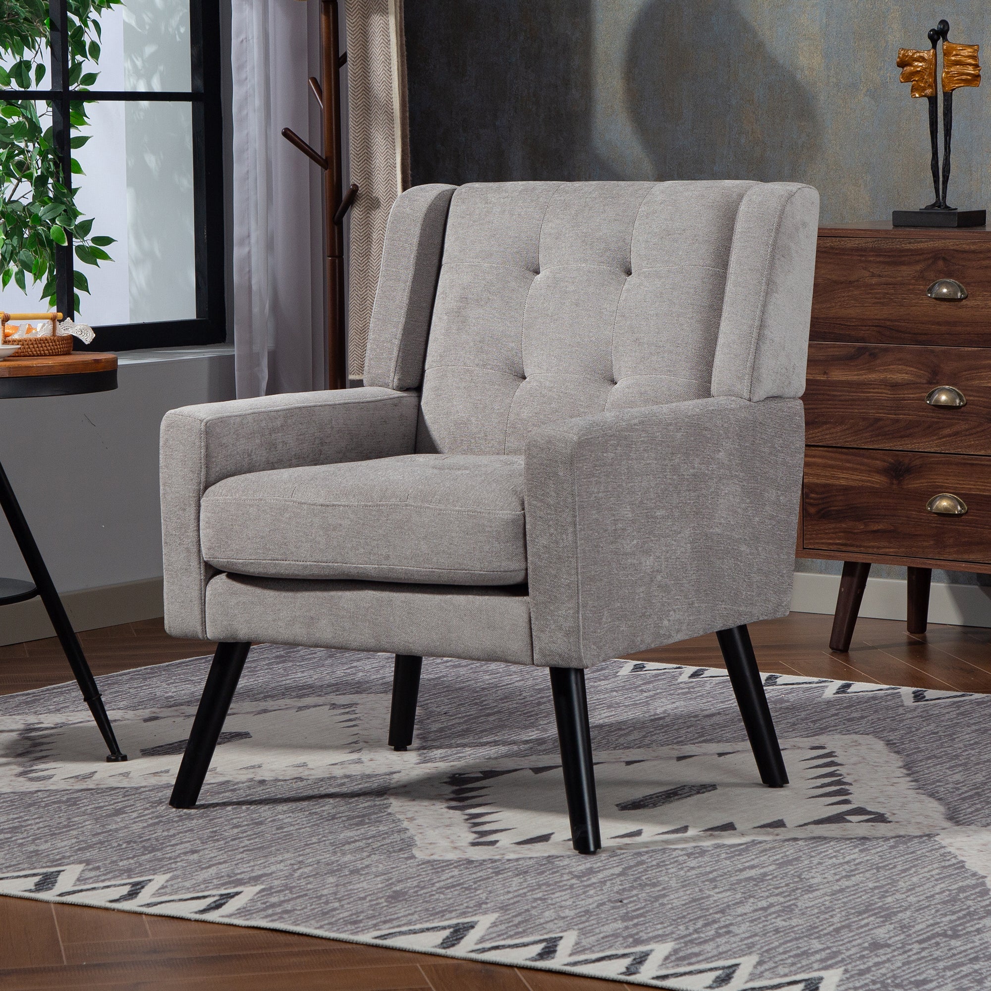 Mid-Century Modern Armchair with Buttoned Padding and Solid Wood Legs, Black Suede