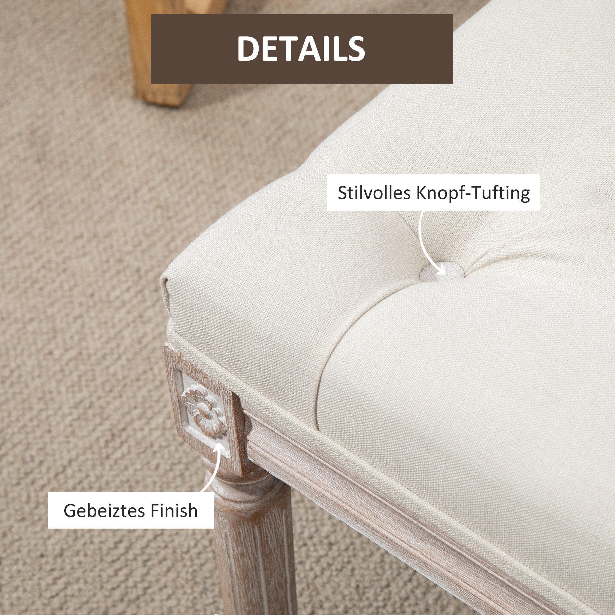 Upholstered Bench Footstool Padded Seat Wooden Legs, Linen Look Cream White