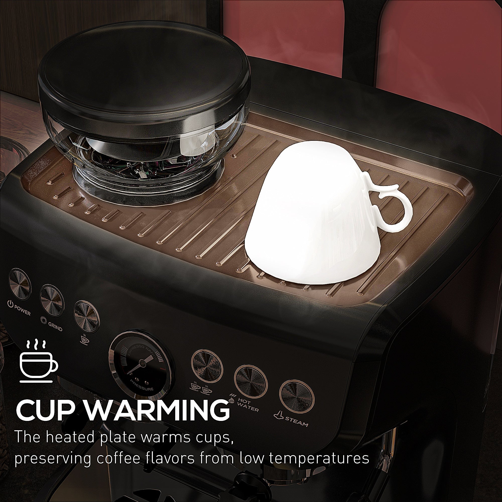 15 Bar Coffee Machine, Adjustable Grind Steamer, Silver