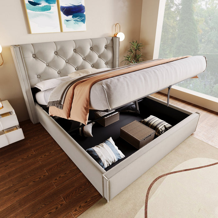Upholstered Bed, Hydraulic Double with Storage, Light Grey Cotton